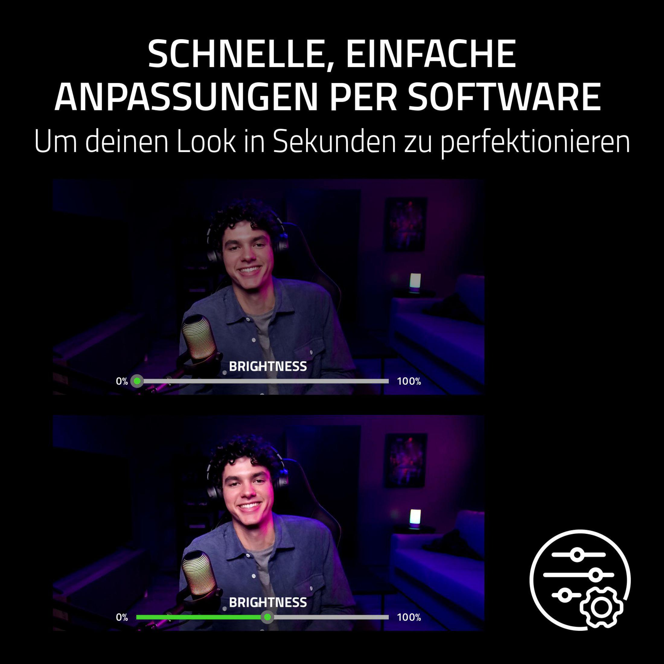 Uomo con cuffie regola la luminosità via software, mostrando due scene.