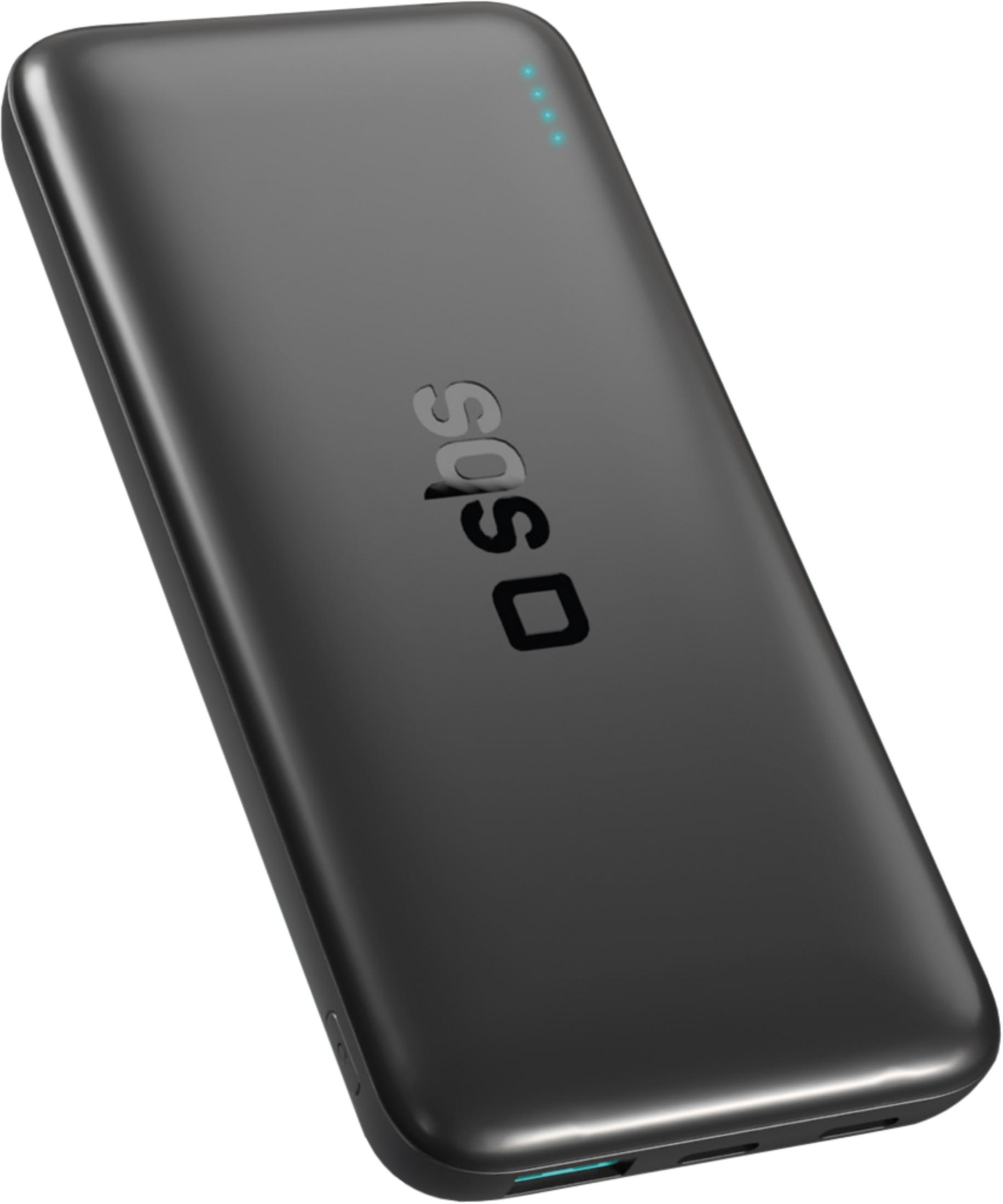 Un elegante power bank nero con logo SBS e quattro spie luminose blu.