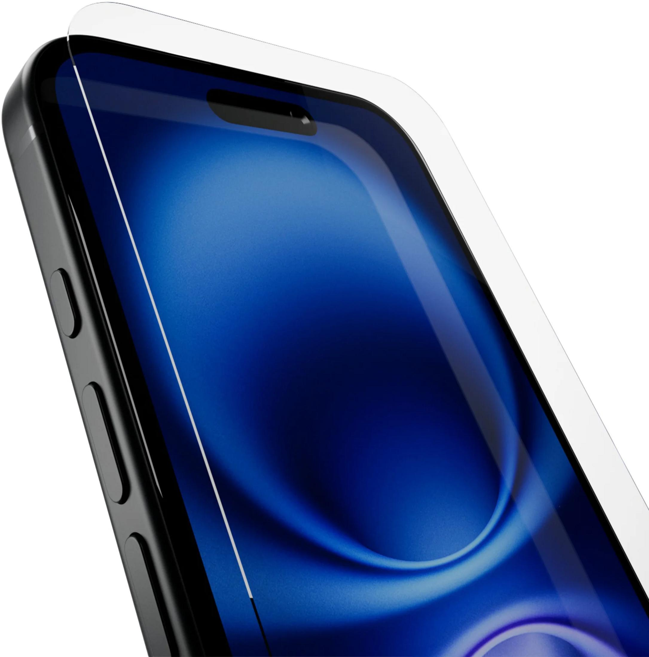Uno smartphone con protezione schermo e sfondo blu.