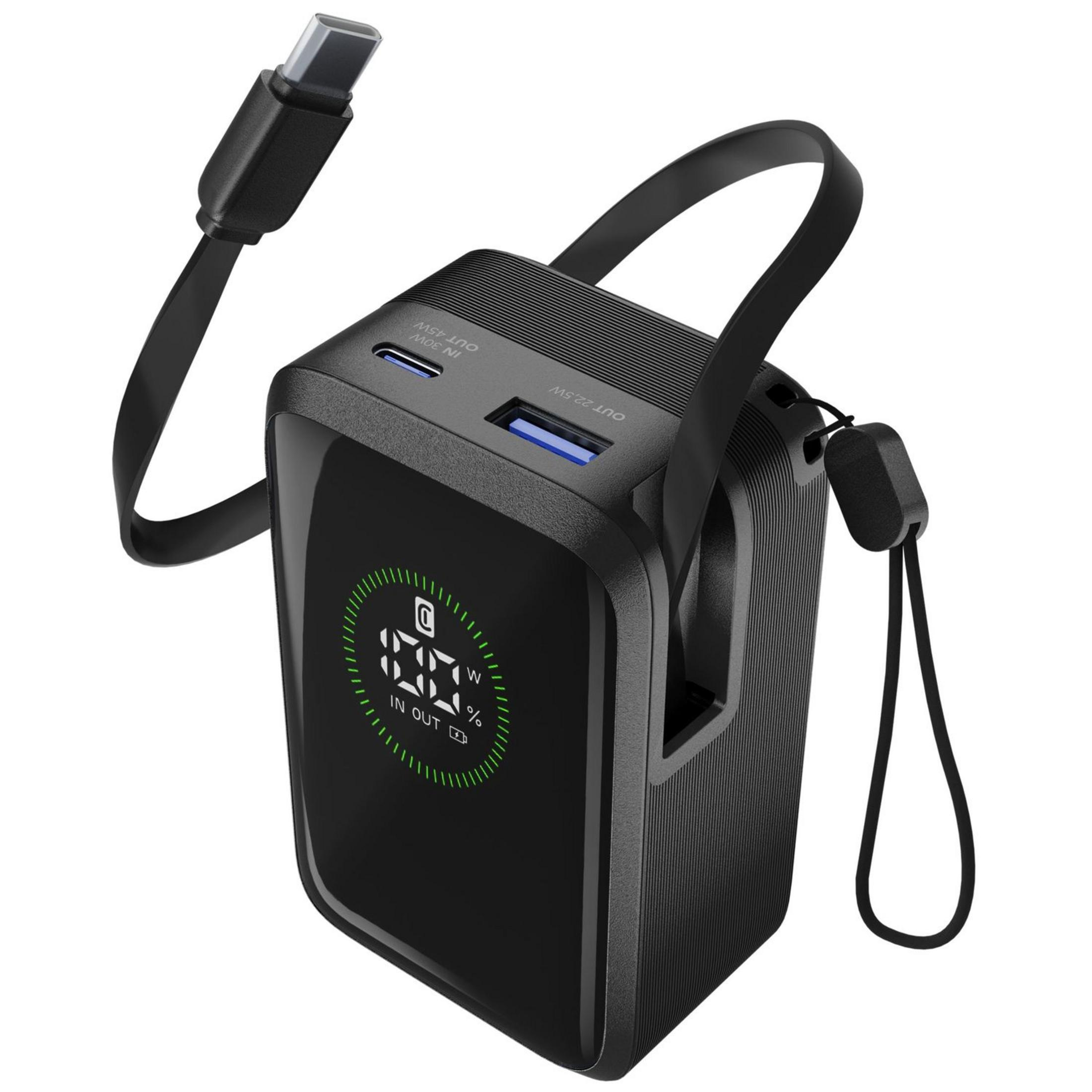 Schwarzes Ladegerät mit USB-C-Kabel, blauem USB-A-Anschluss und digitalem Display.