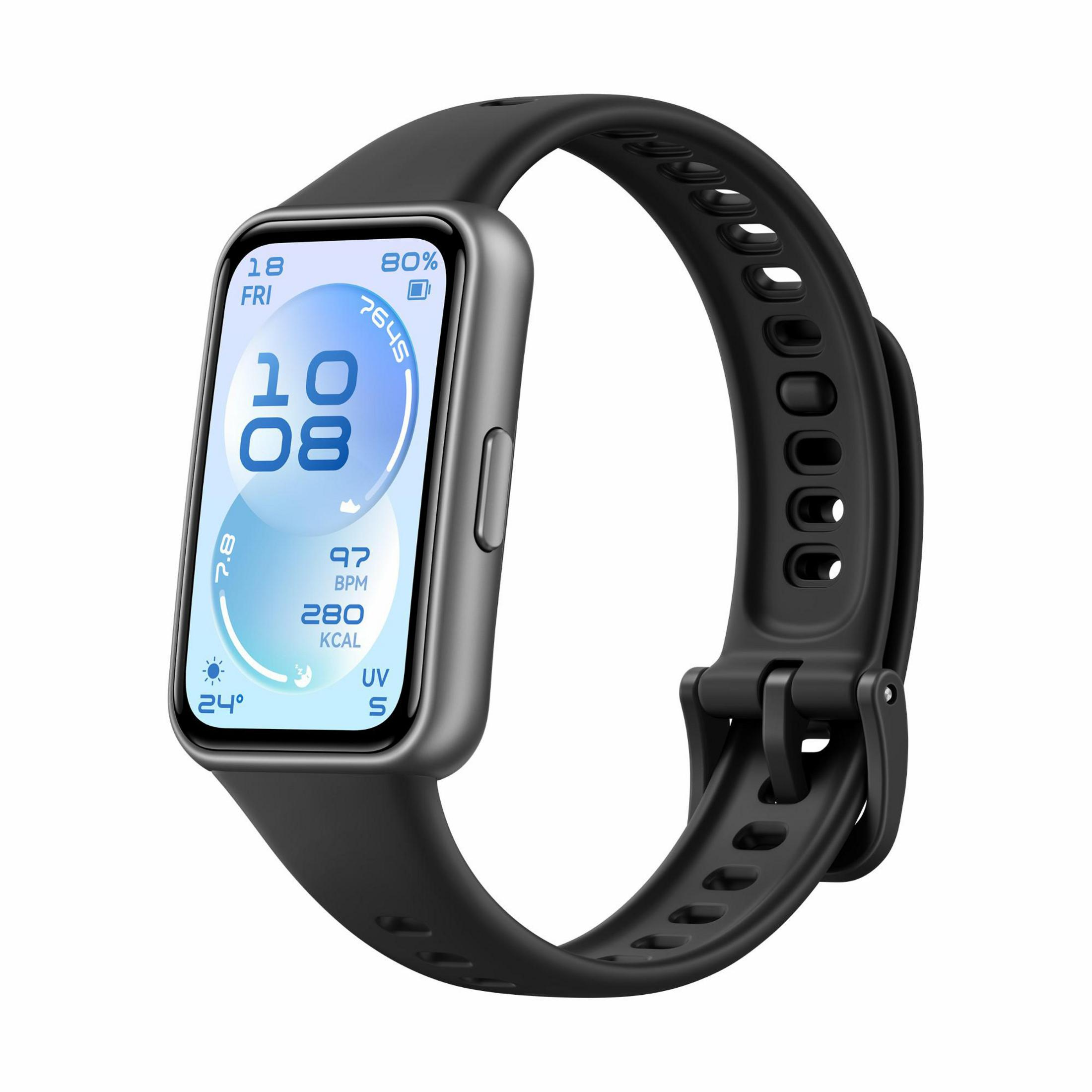 Smartwatch nero con schermo rettangolare che mostra ora, data e statistiche sulla salute.