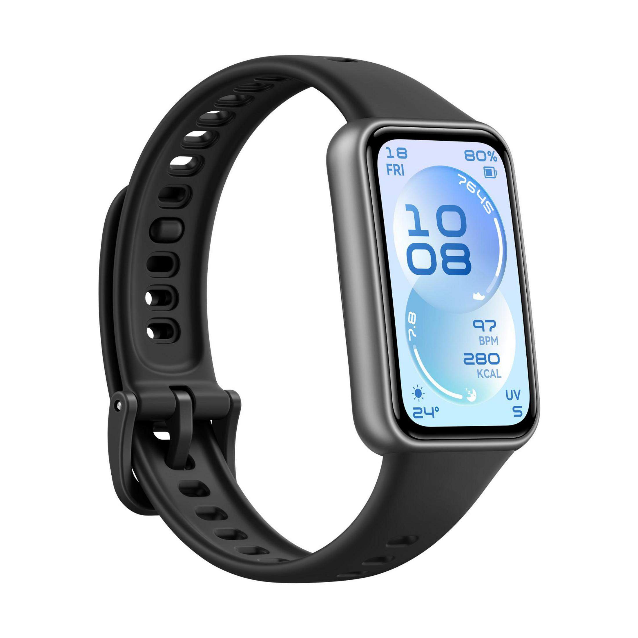 Un braccialetto smart nero mostra ora, data, battito cardiaco, calorie e temperatura.