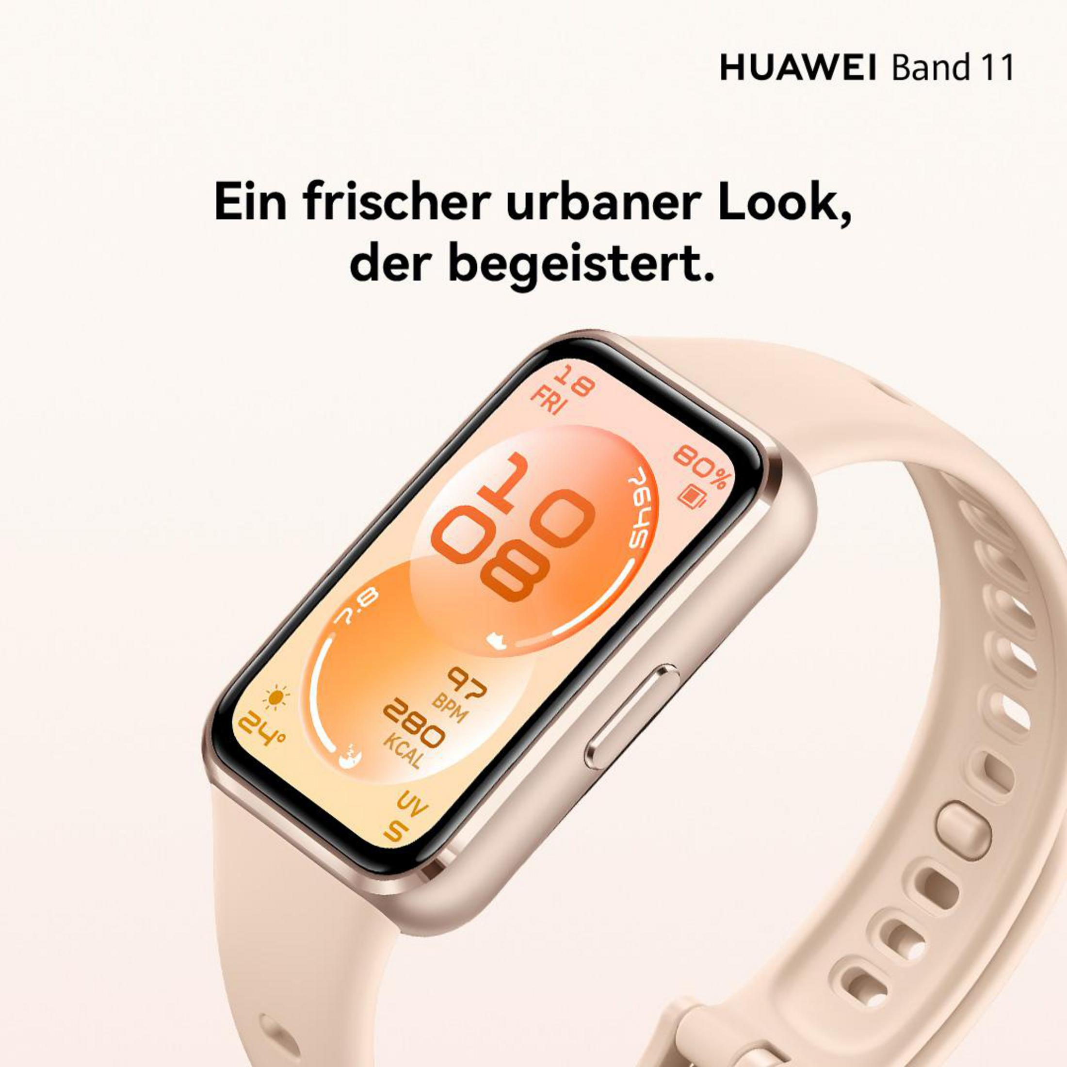 Uno smartwatch Huawei Band 11 dorato con display luminoso che mostra ora e dati sanitari.