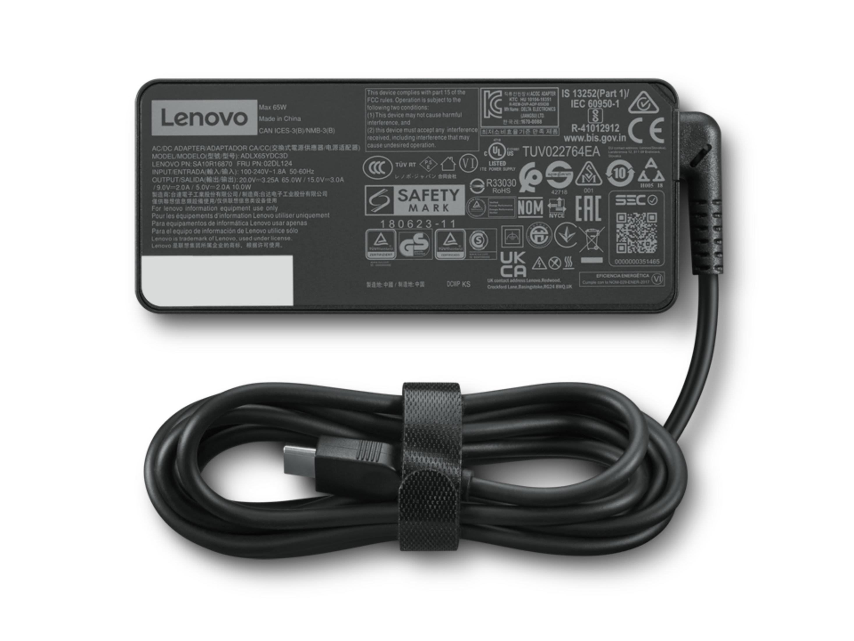 Ein schwarzes Lenovo Netzteil mit Kabel und einem Klettverschluss.