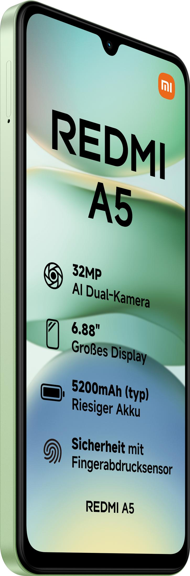 A light green smartphone displaying "REDMI A5" and its specifications.