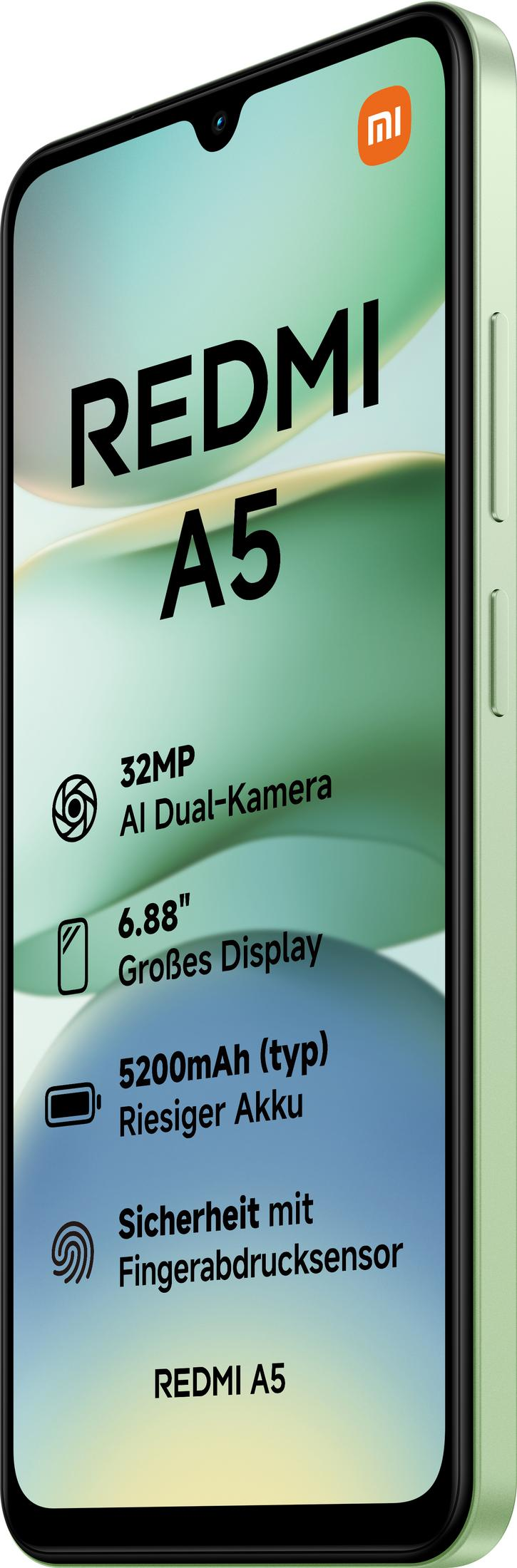 A light green Redmi A5 smartphone featuring a 32MP dual-camera and large display.