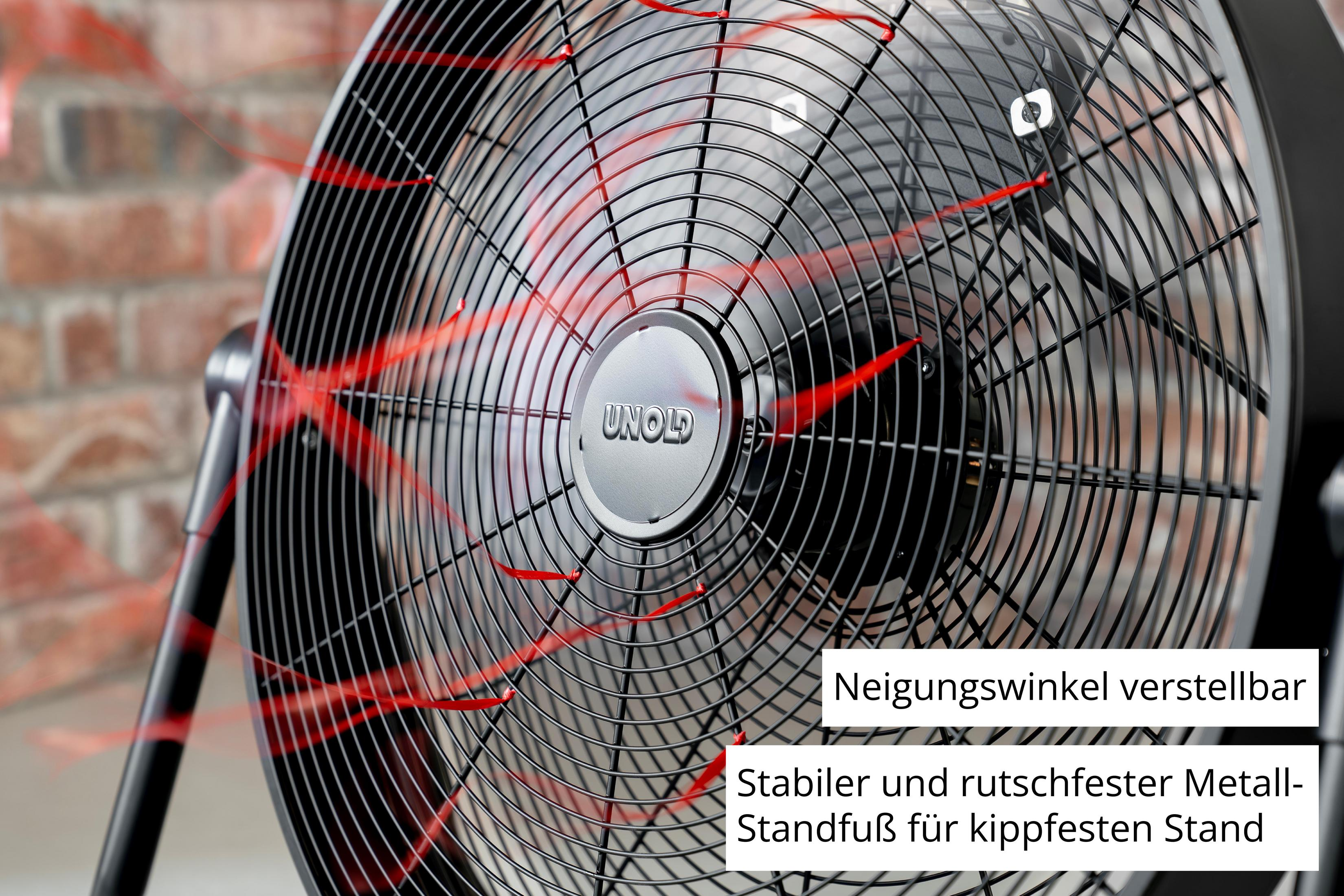 Un ventilatore nero con nastri rossi che simulano il flusso d'aria. Muro di mattoni sullo sfondo.