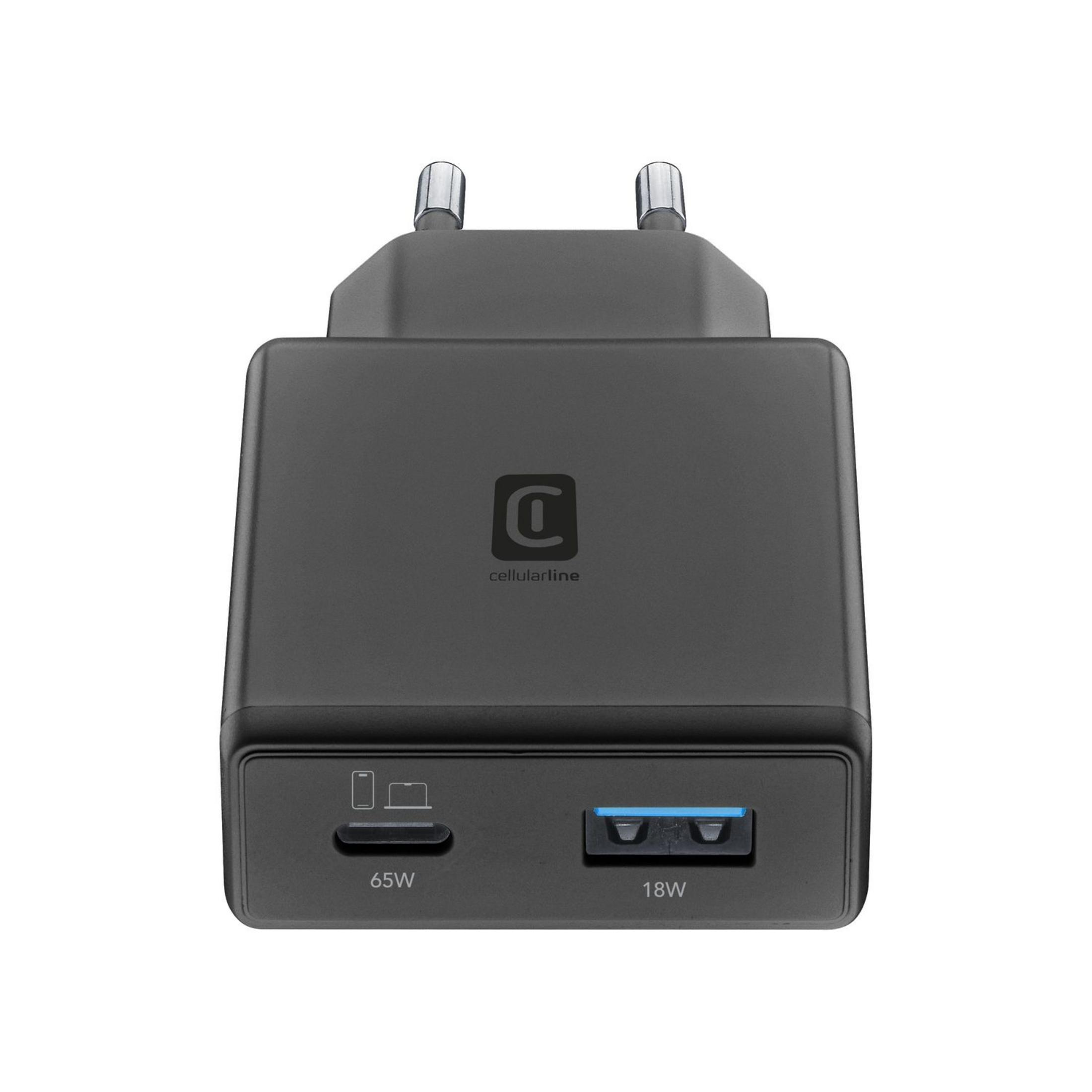 Schwarzes Netzteil mit zwei USB-Anschlüssen: 65W und 18W.