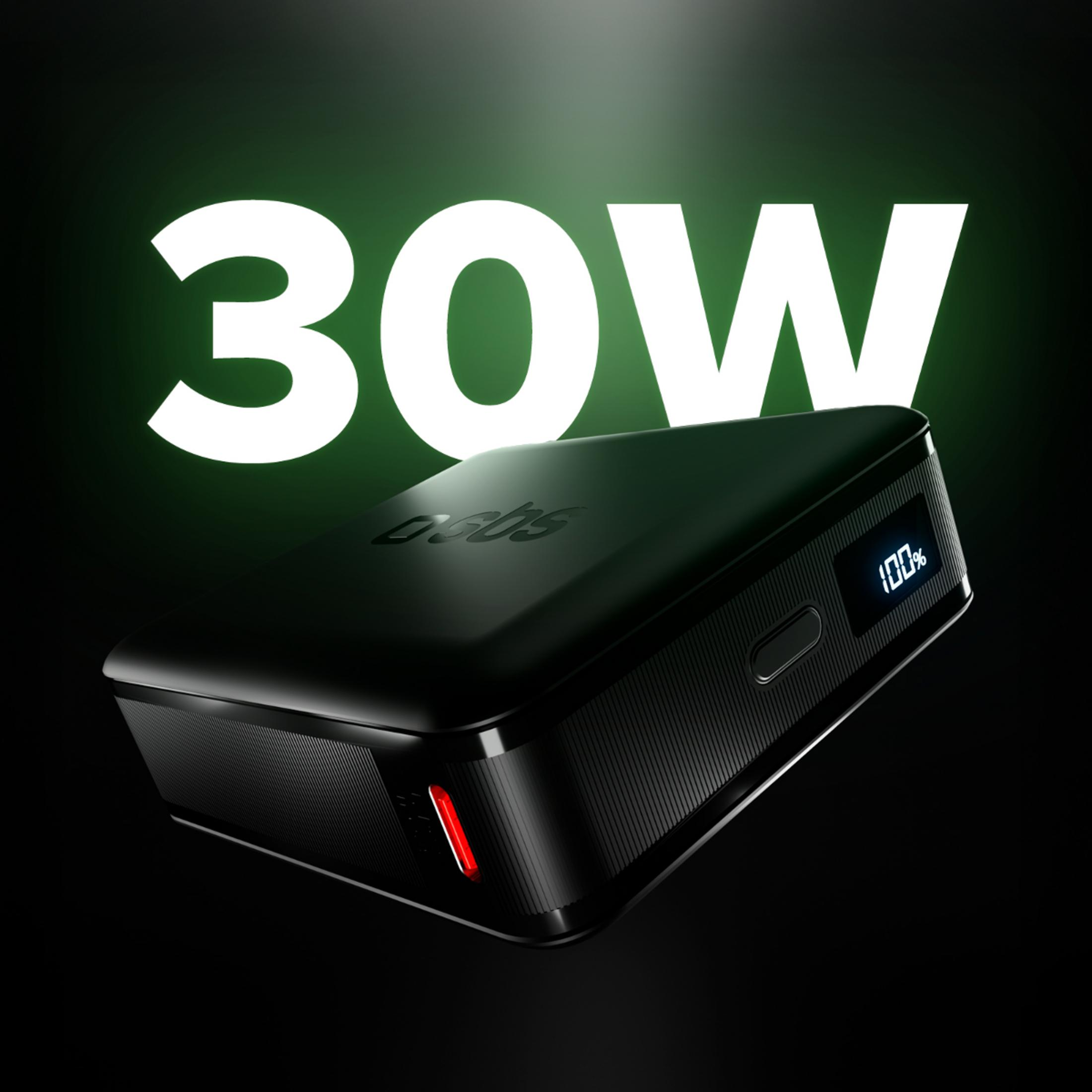 Power bank nera con testo 30W e indicatore di carica 100%.