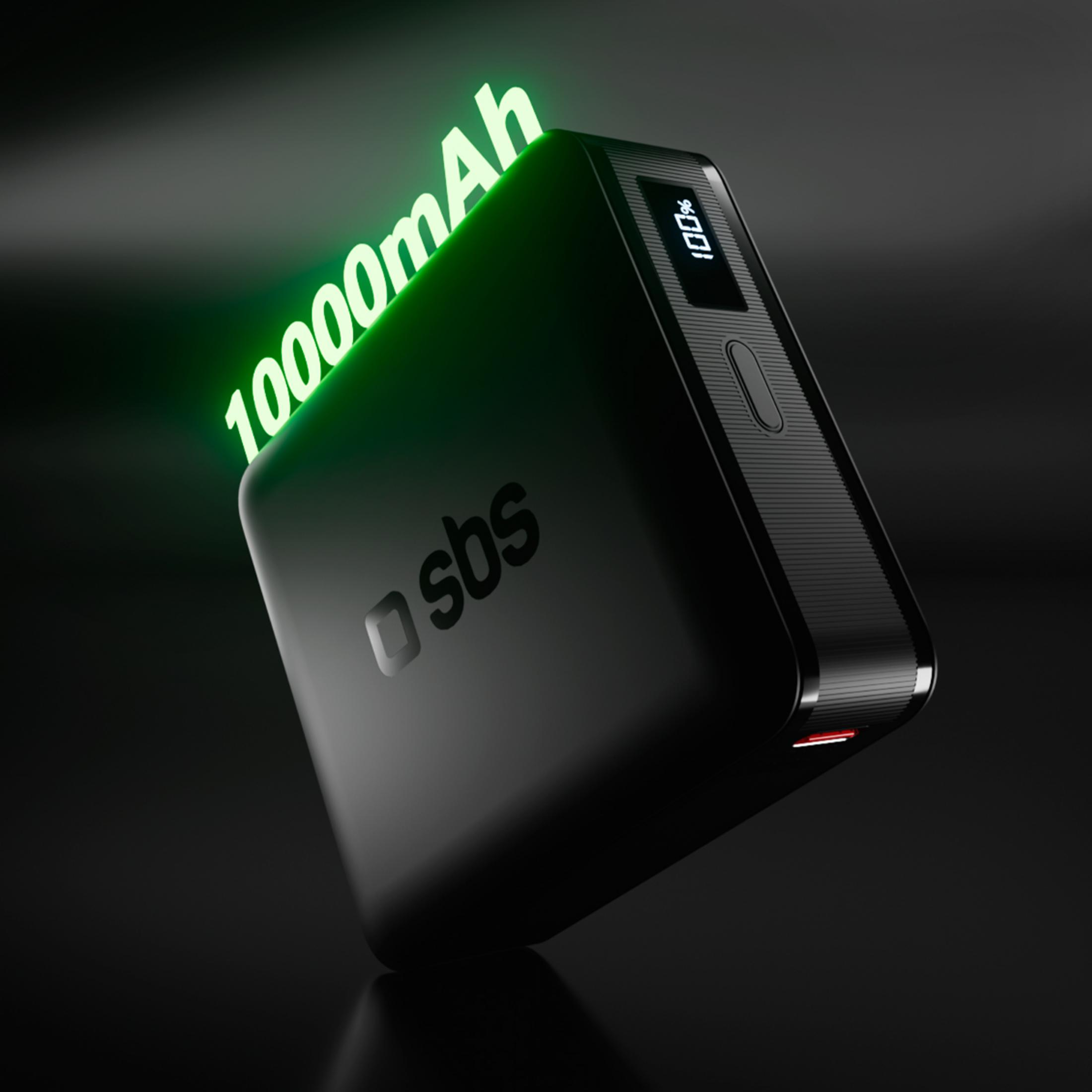 Power bank SBS nera, 10000mAh, carica al 100%, con luce al neon.