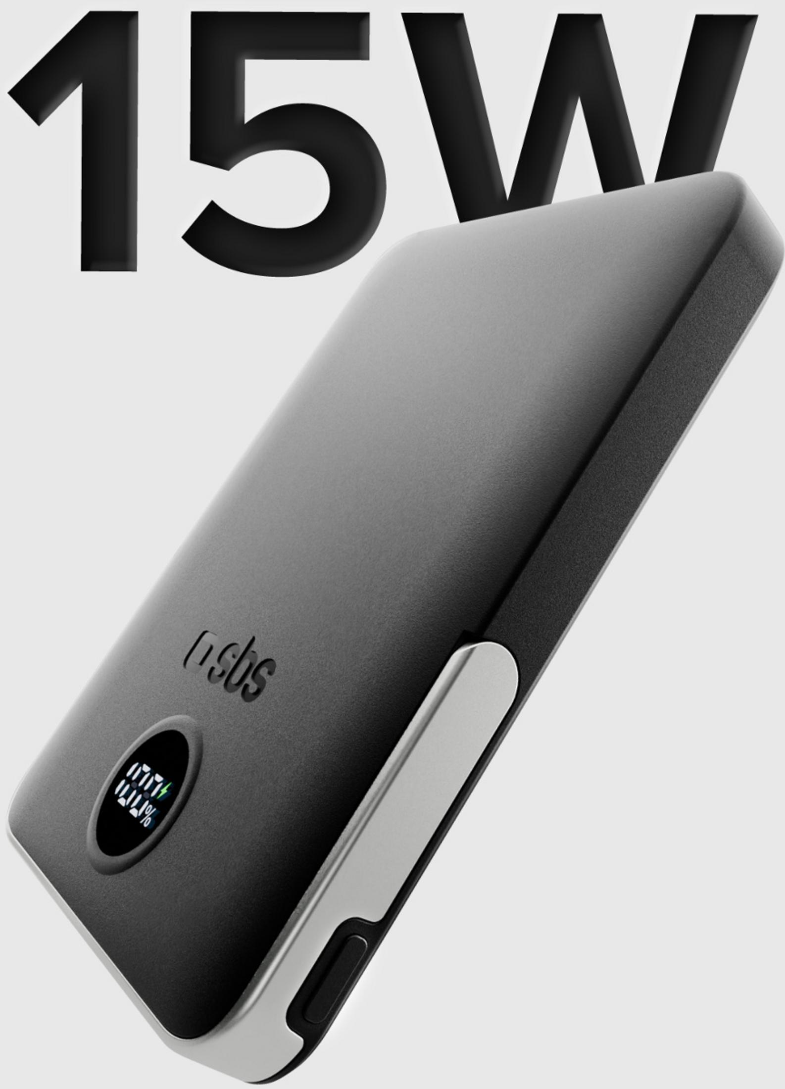 Power bank nero con scritta '15W', display digitale e accenti argentati.