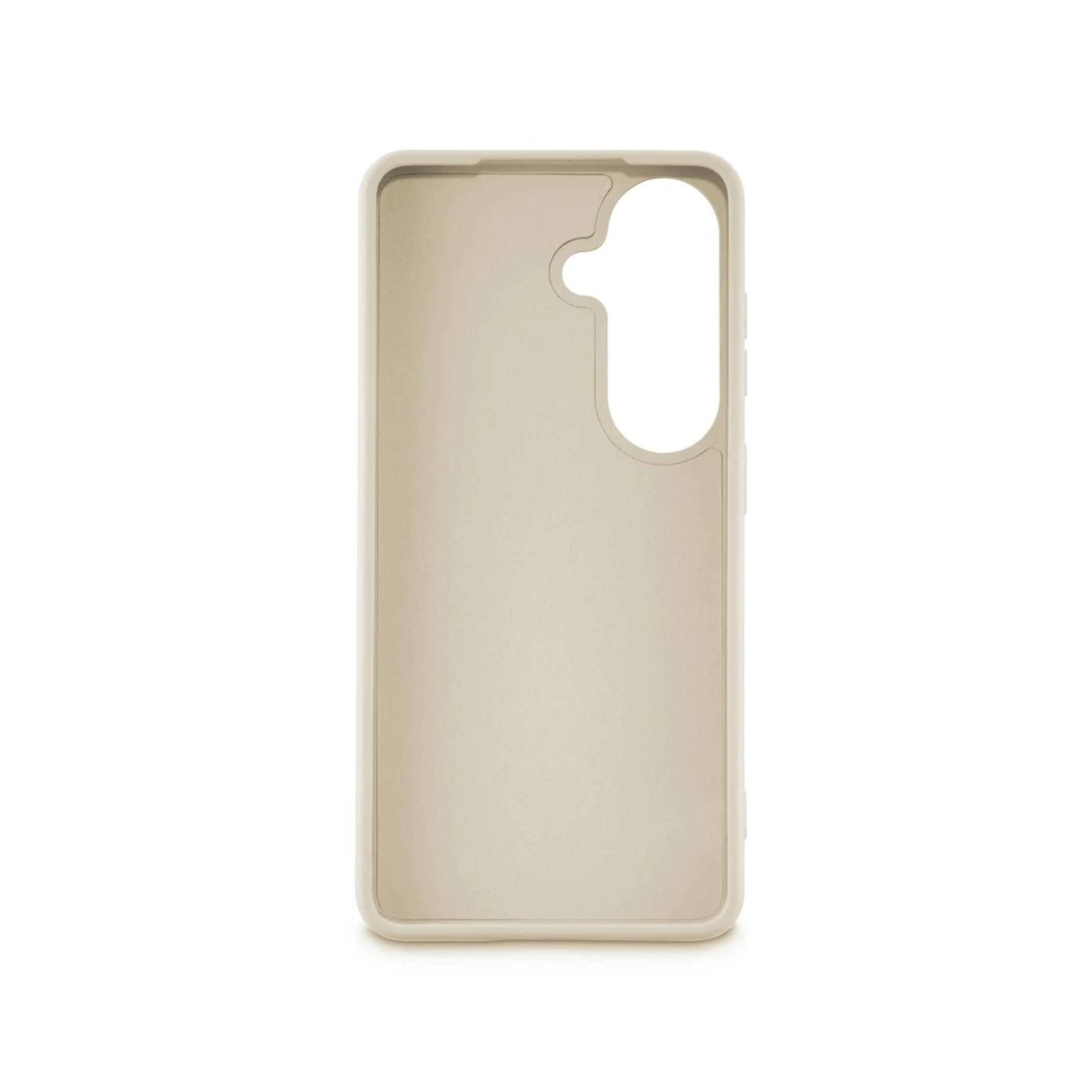 Eine beige Handyhülle mit Ausschnitten für Kamera und Tasten.