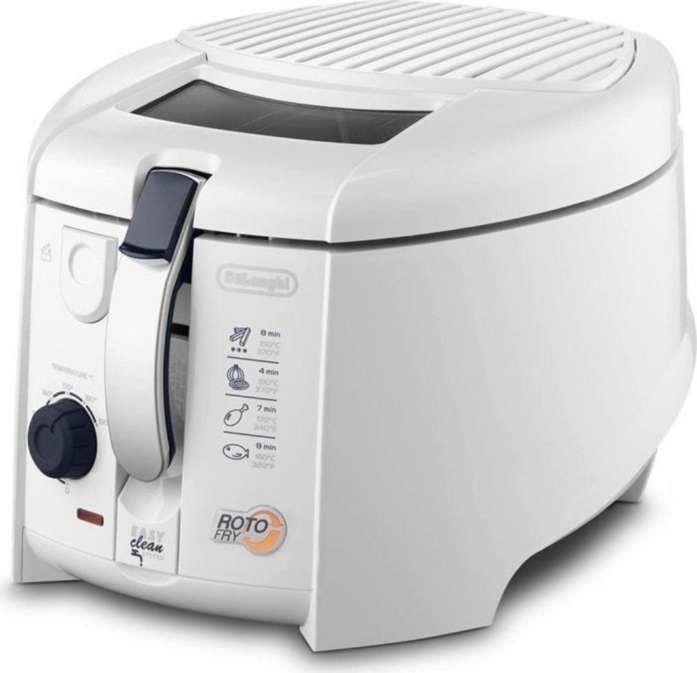 Biała frytownica DeLonghi Roto Fry z okienkiem i pokrętłem sterującym.