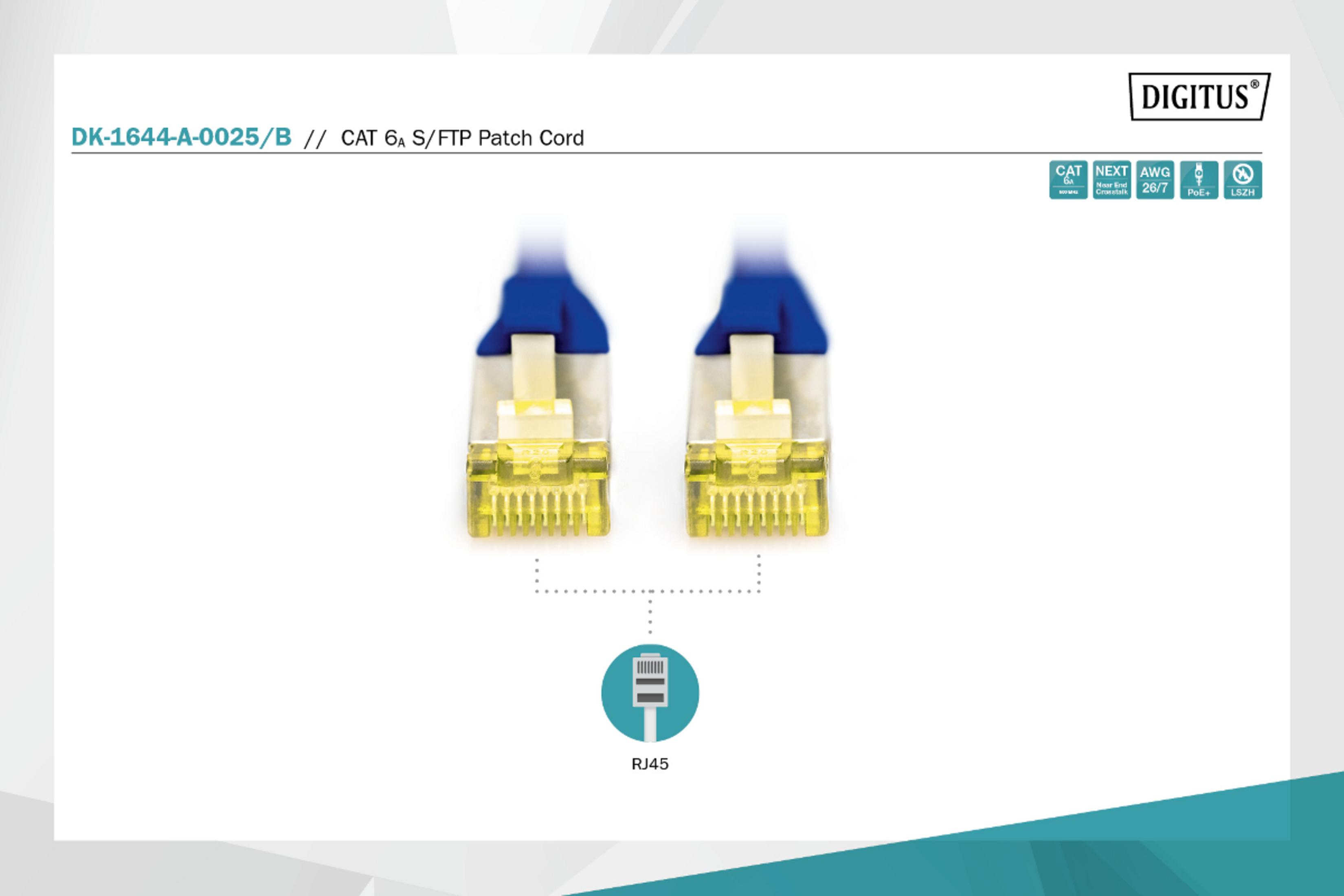 Dos conectores RJ45 con elementos transparentes amarillos y capuchones azules.