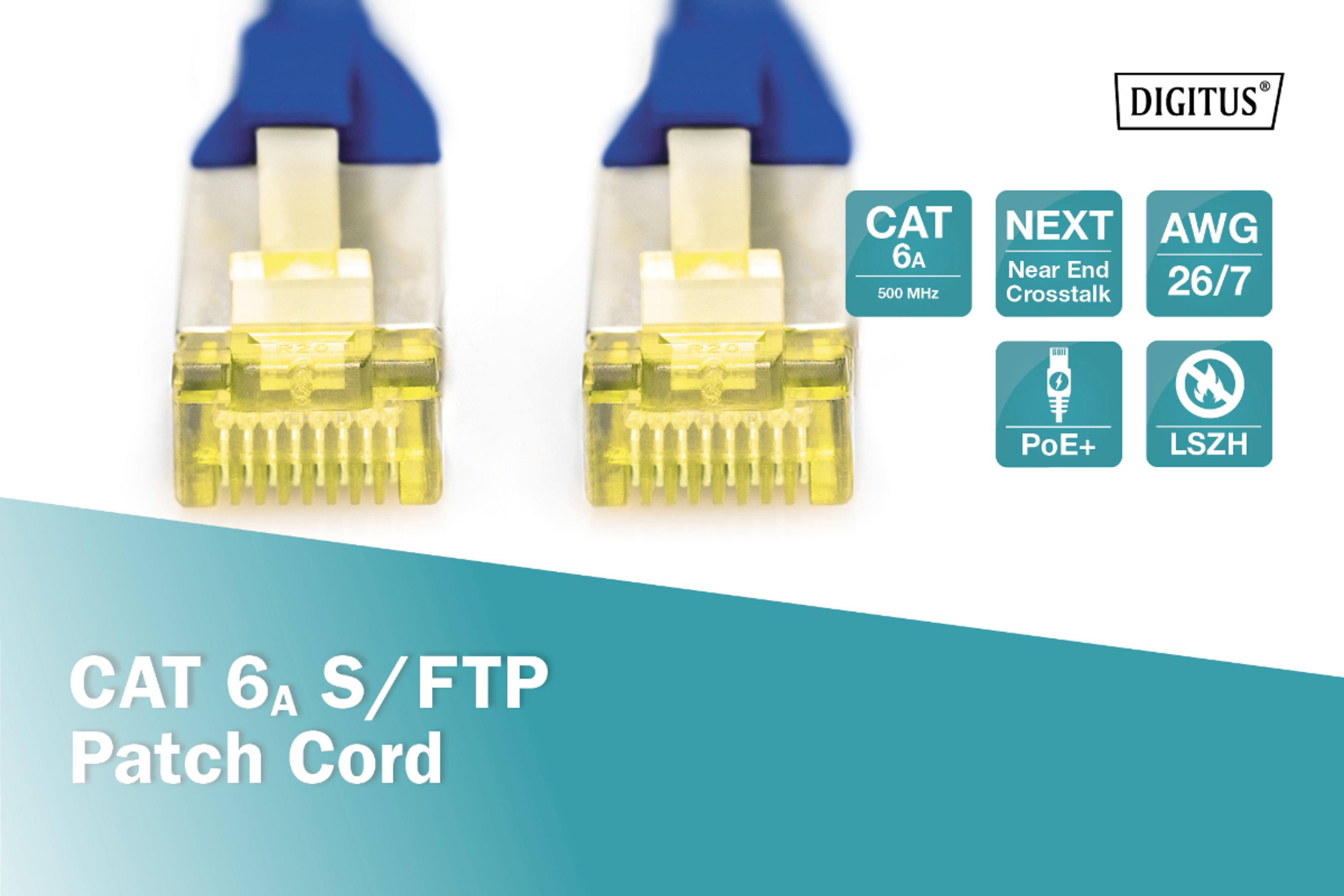 Dos conectores de cable de parche azul CAT 6A S/FTP con terminales y logos amarillos.