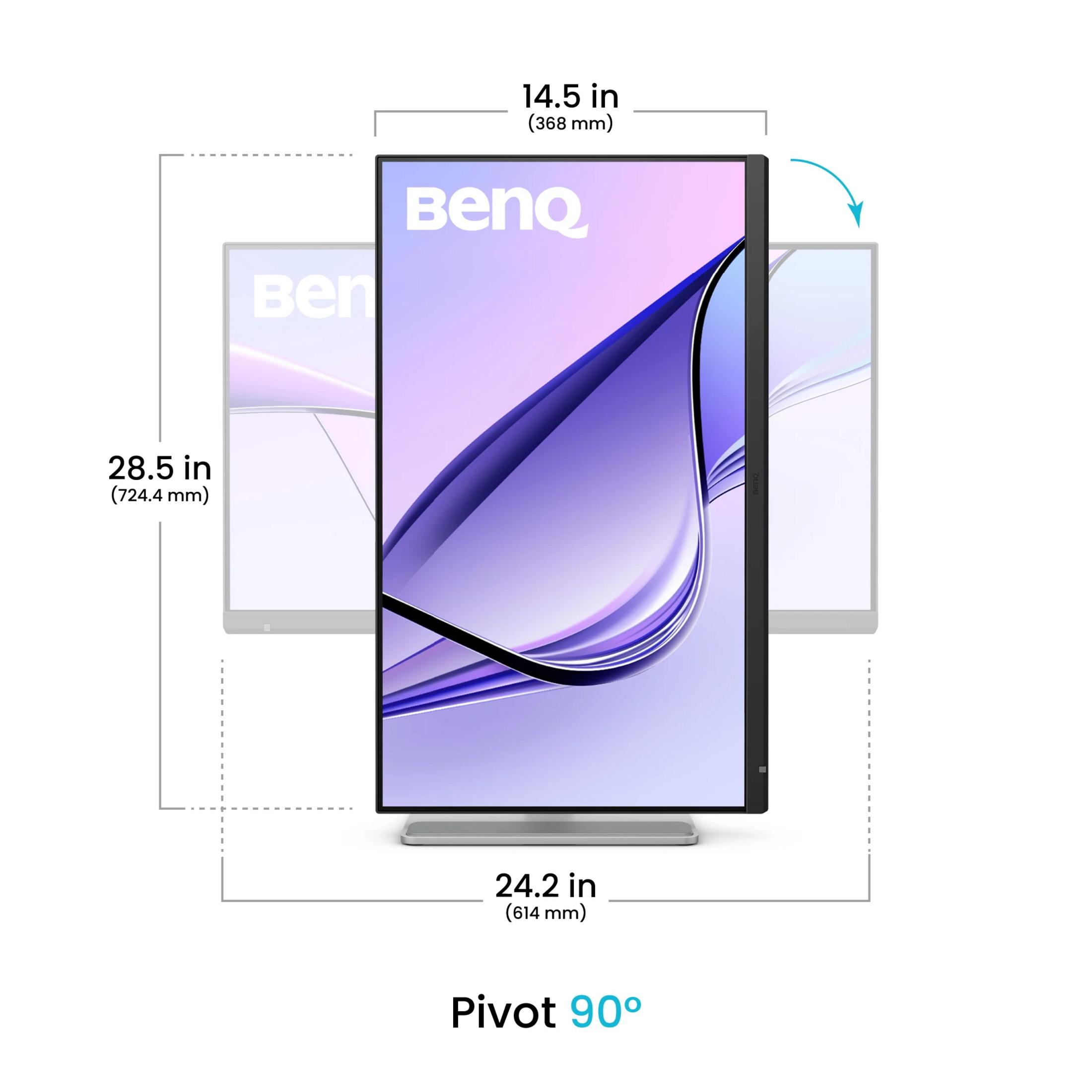 Boyutları ve 90° döndürme özelliği olan bir BenQ monitör gösteriliyor.
