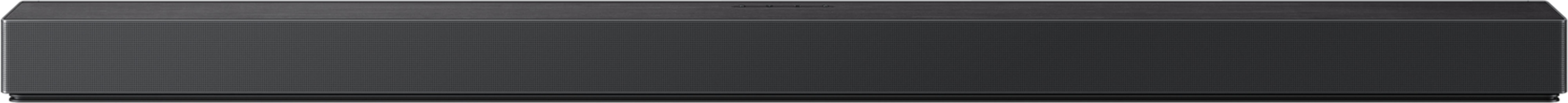 Eine dunkle, schmale Soundbar mit einer geriffelten Front und einem dezenten Logo oben.