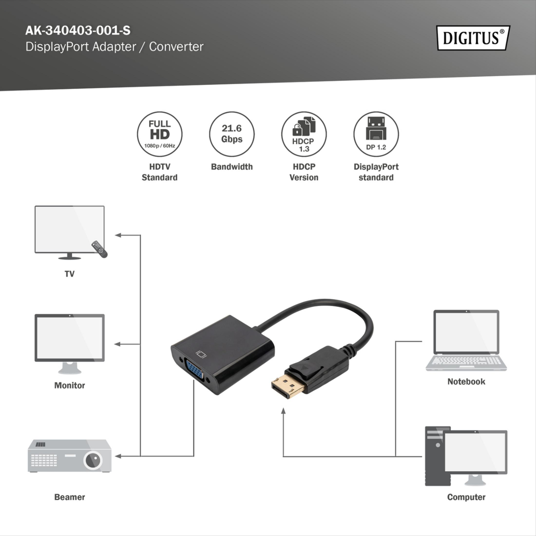 TV, monitör, projektör, dizüstü bilgisayar ve bilgisayara bağlanan DisplayPort adaptörü.