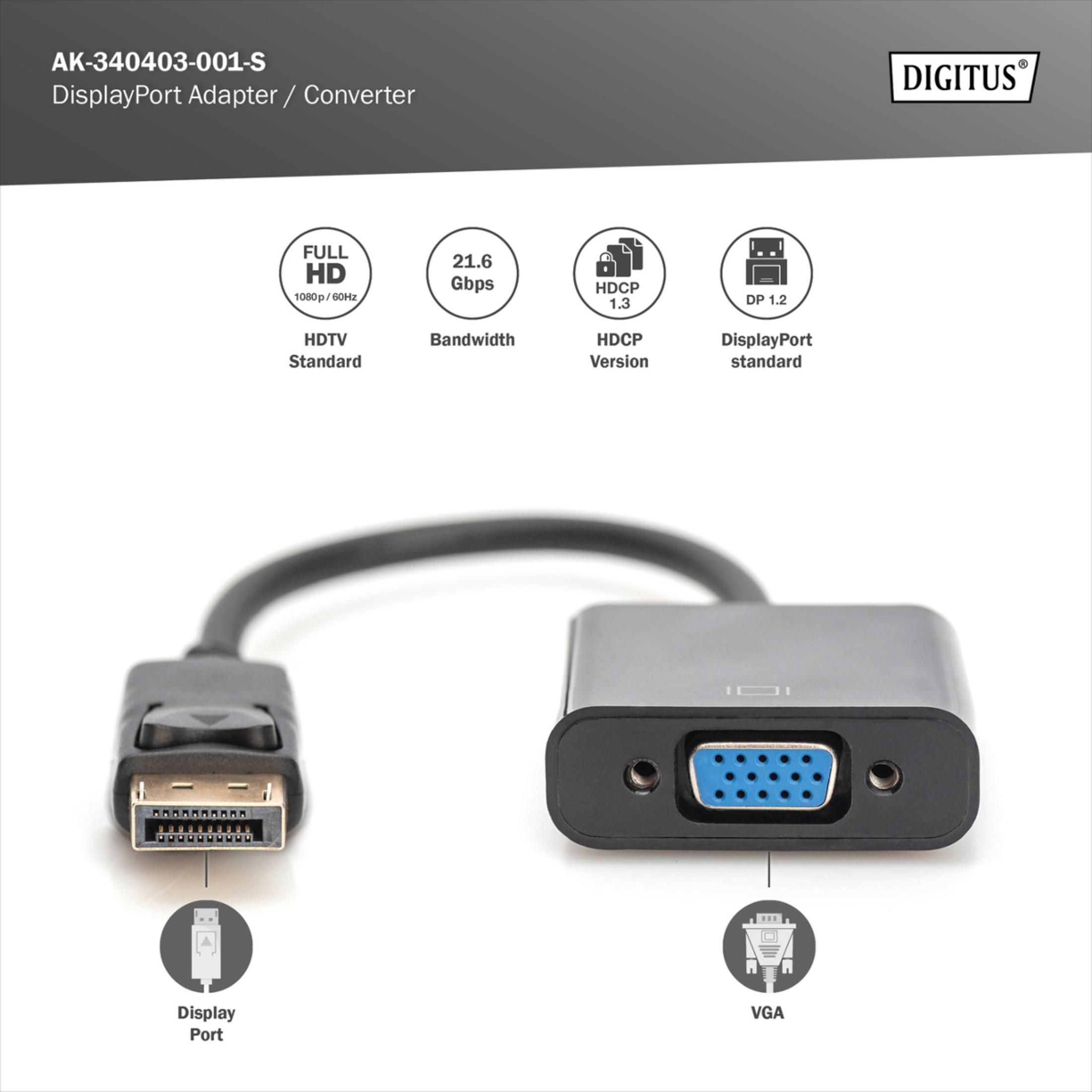 HDTV'li DisplayPort'tan VGA'ya adaptör, 21.6 Gbps, HDCP 1.3, DP 1.2.