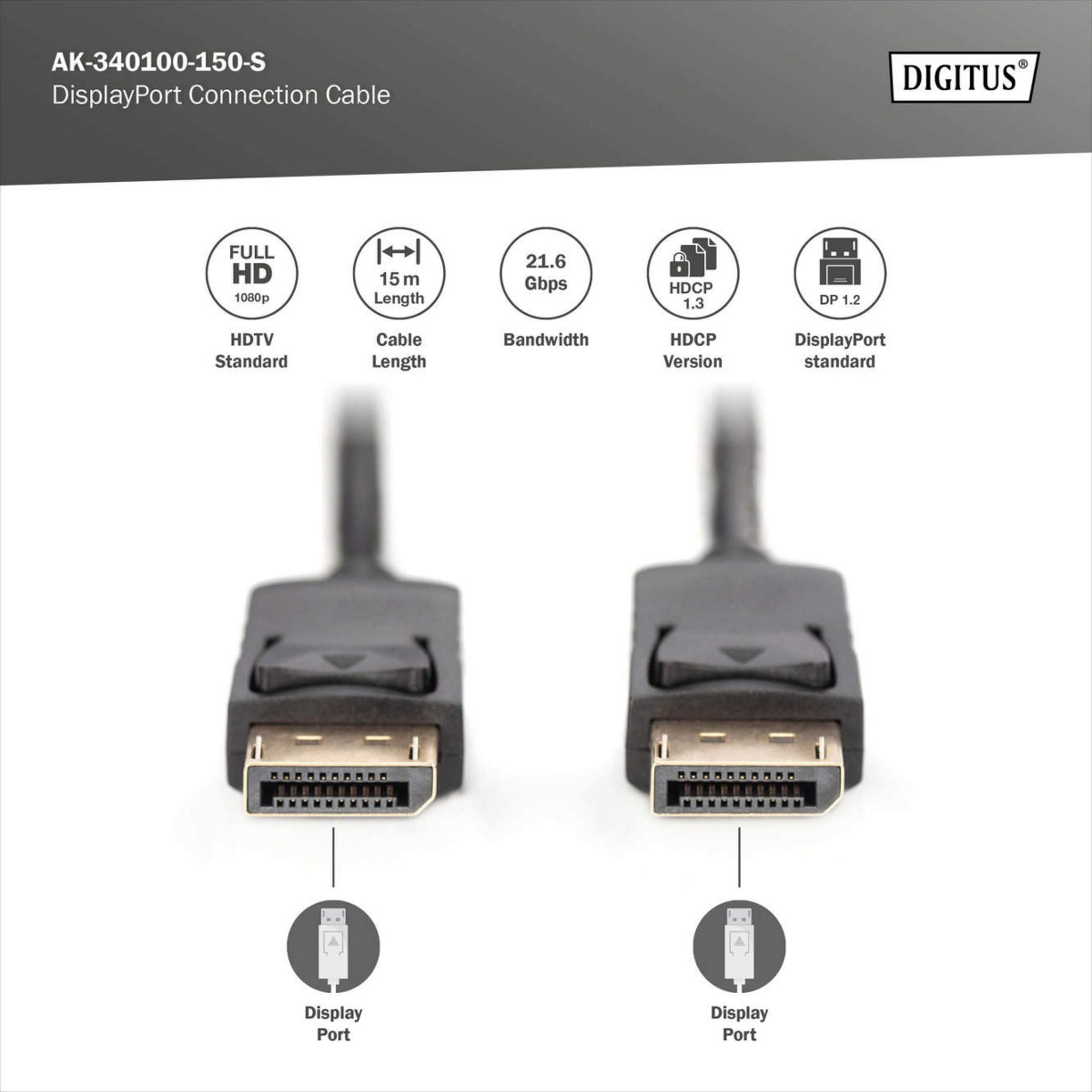 Zwei DisplayPort-Kabel mit Anschlüssen, 15m Länge, Full HD.