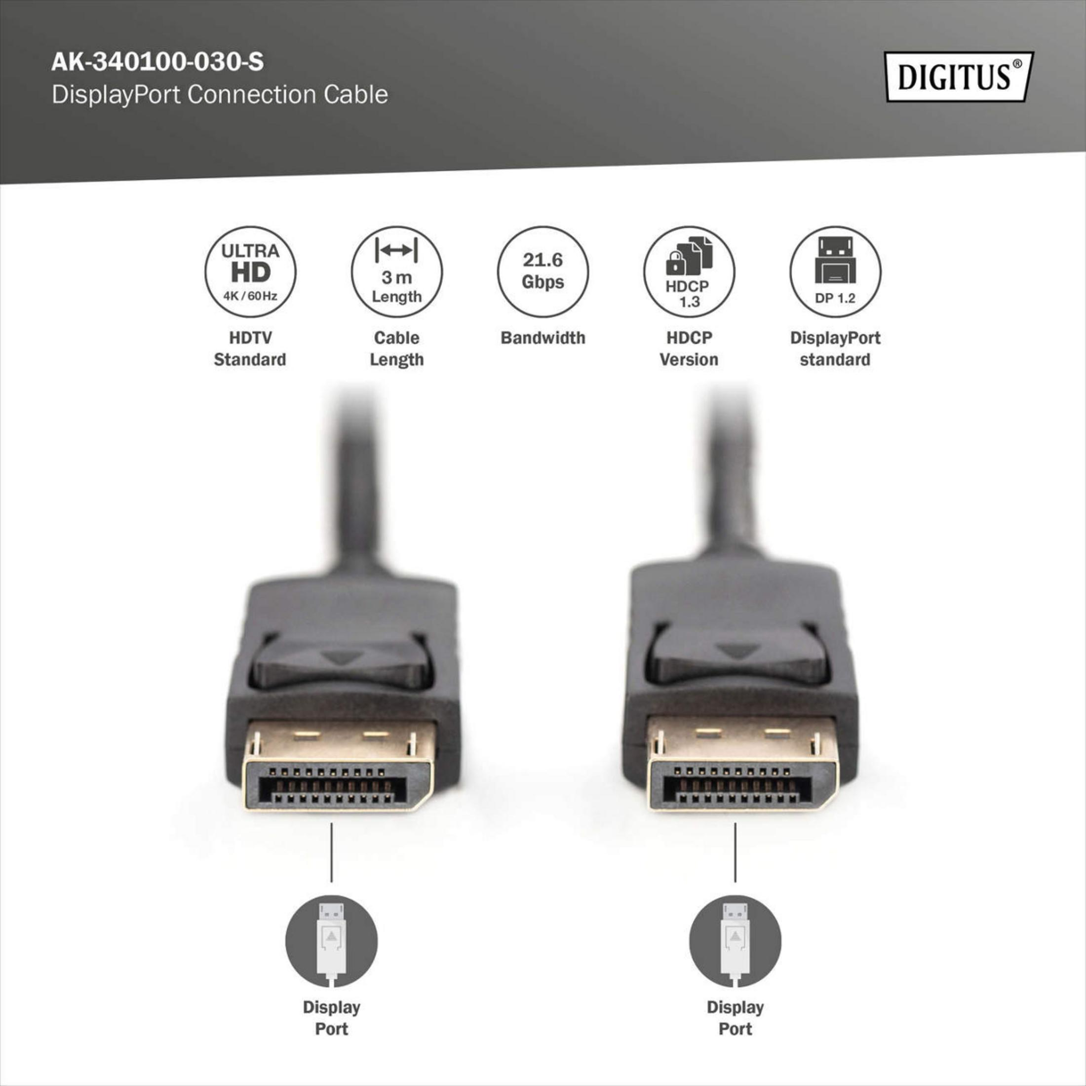 Two black DisplayPort cables with connectors and specifications.