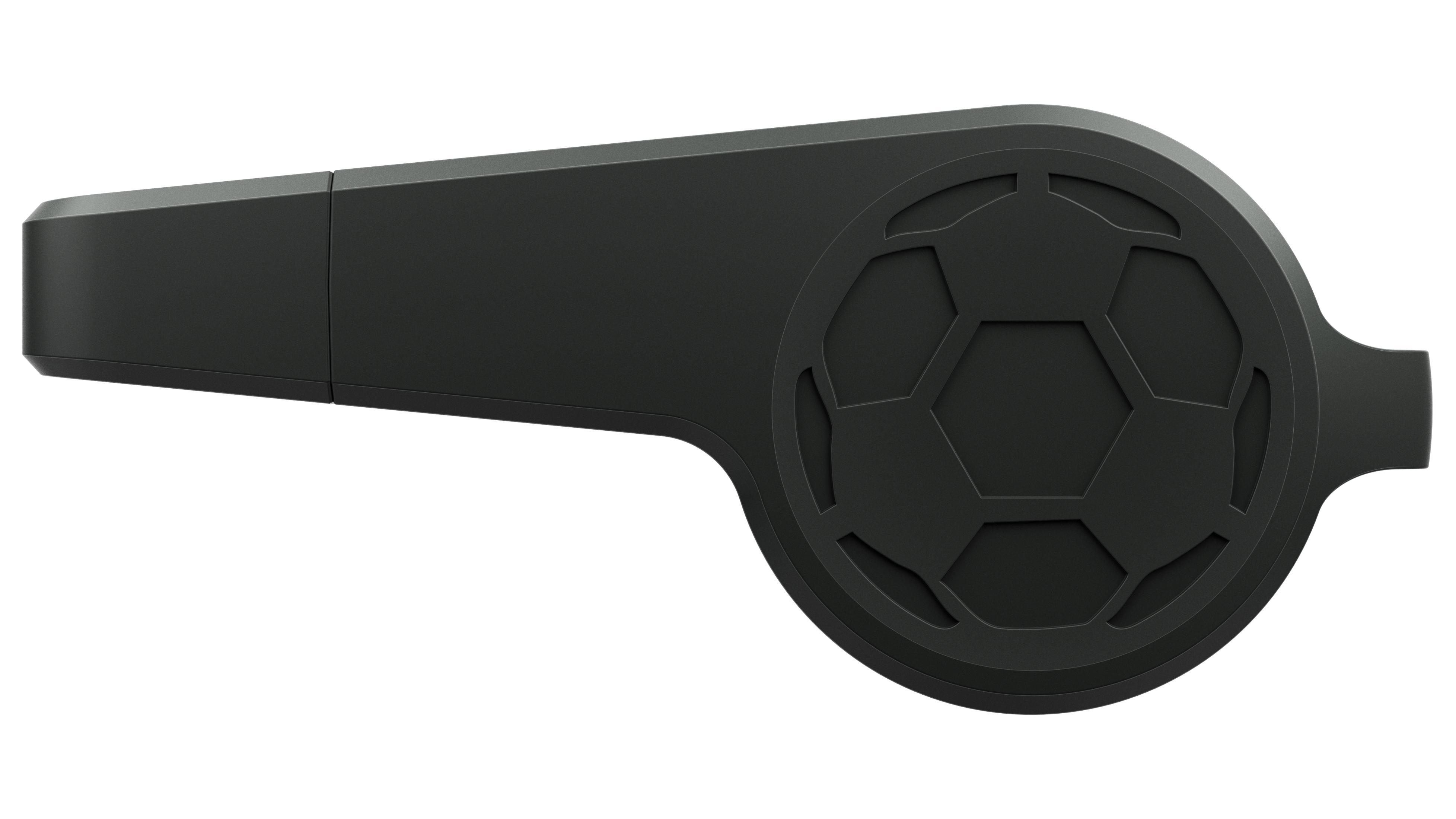 Fischietto nero con motivo di pallone da calcio su sfondo bianco.