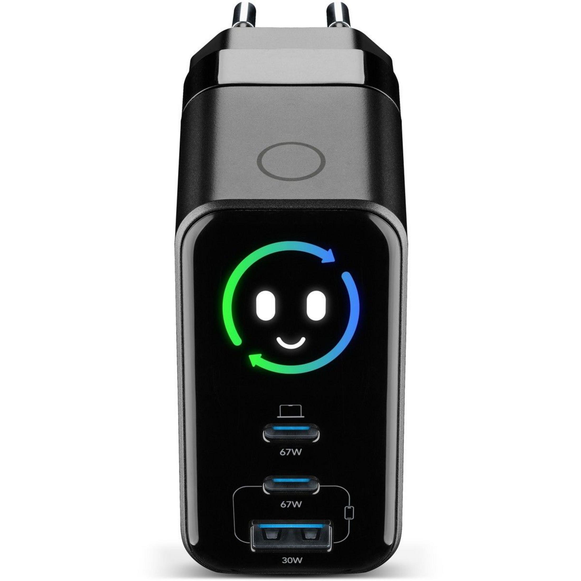 Caricatore nero con due porte USB-C e una porta USB-A. Faccina sorridente luminosa.