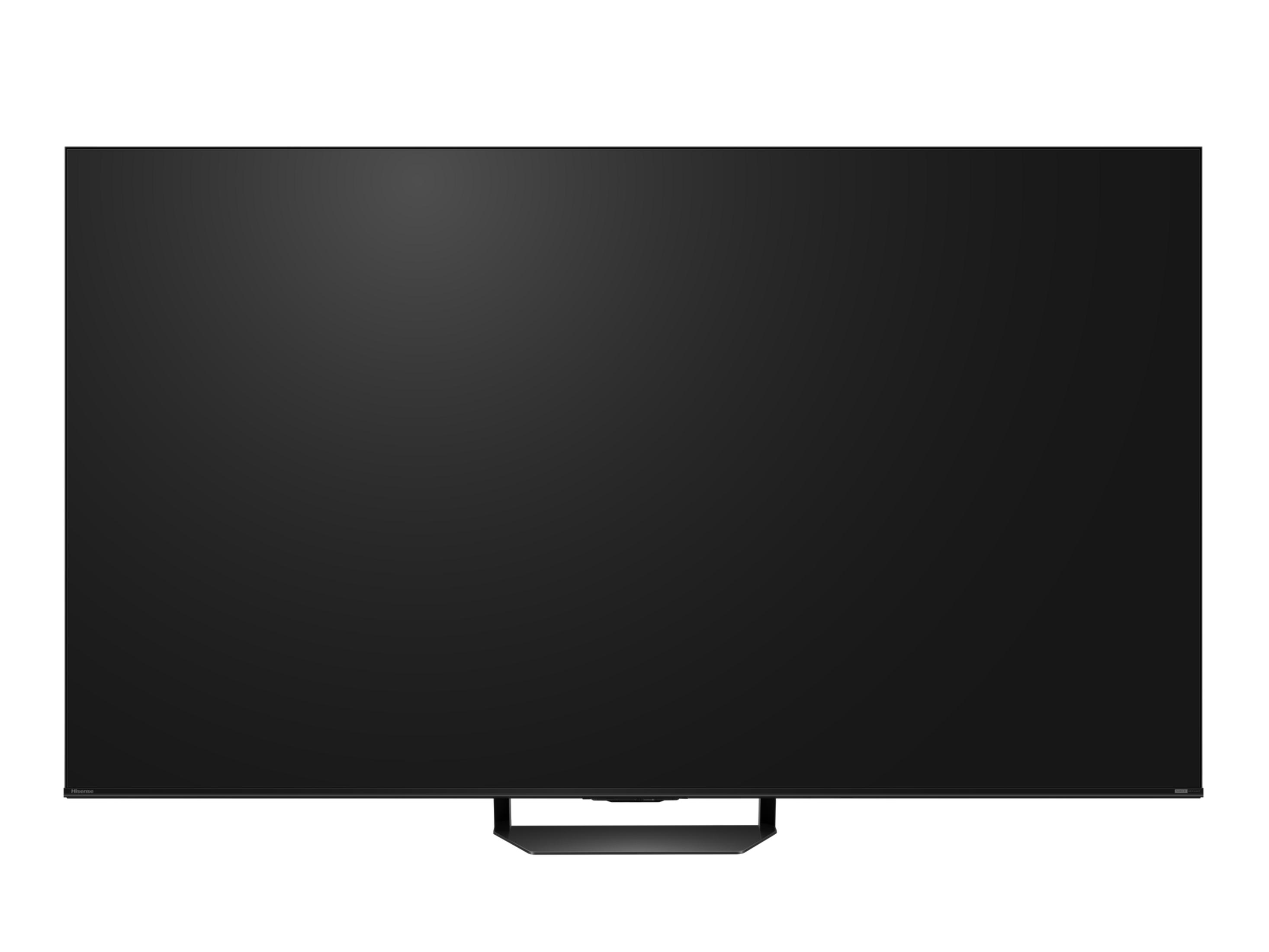 Ein schwarzer Fernseher mit einem schmalen Ständer steht auf weißem Hintergrund.
