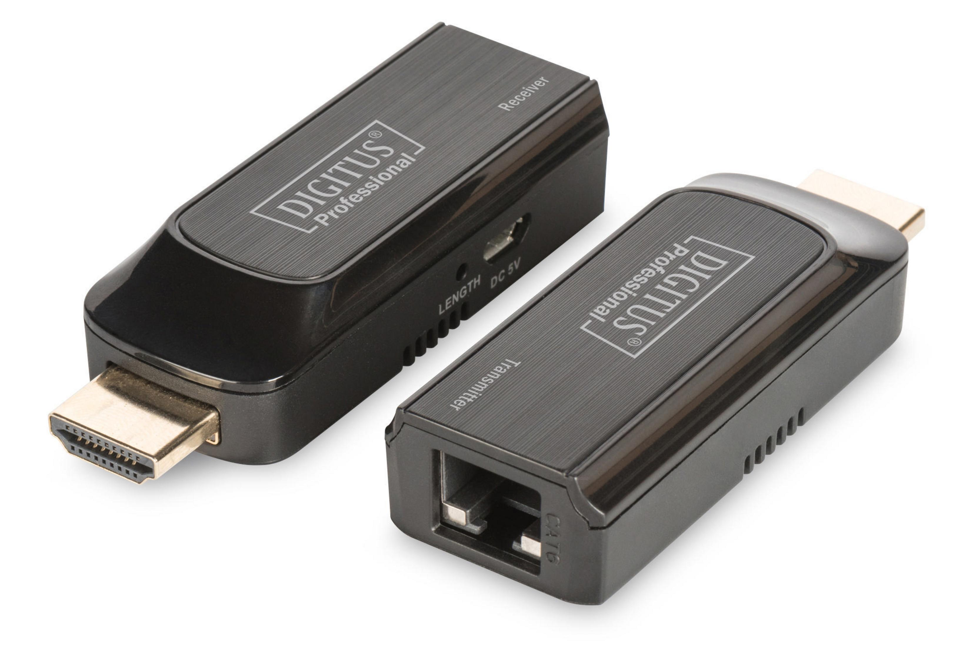 Zwei schwarze HDMI-Adapter, Sender und Empfänger, auf weißem Hintergrund.