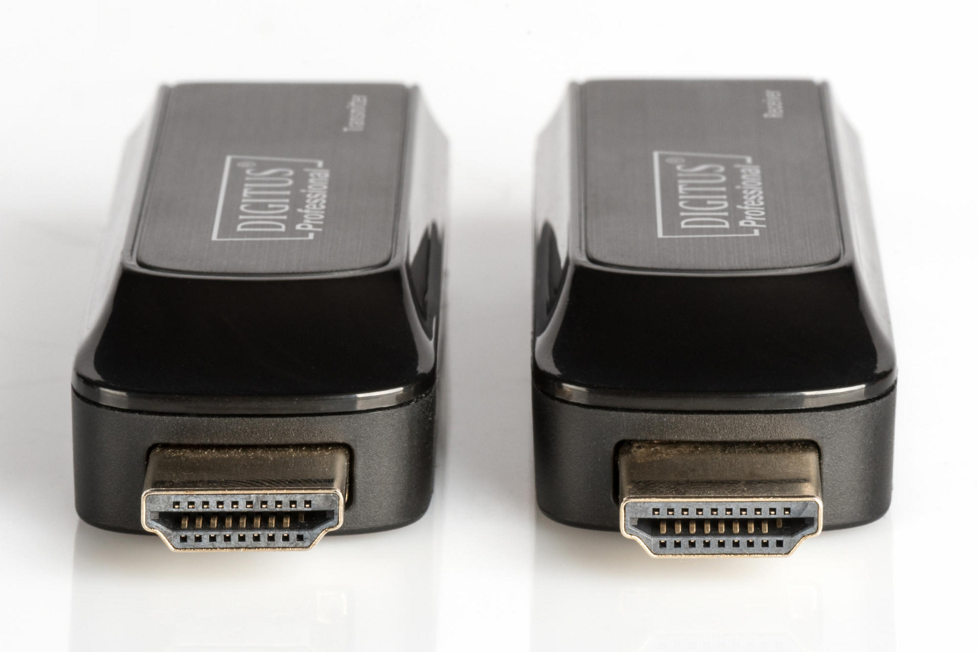 Zwei schwarze HDMI-Adapter, Sender und Empfänger, nebeneinander.