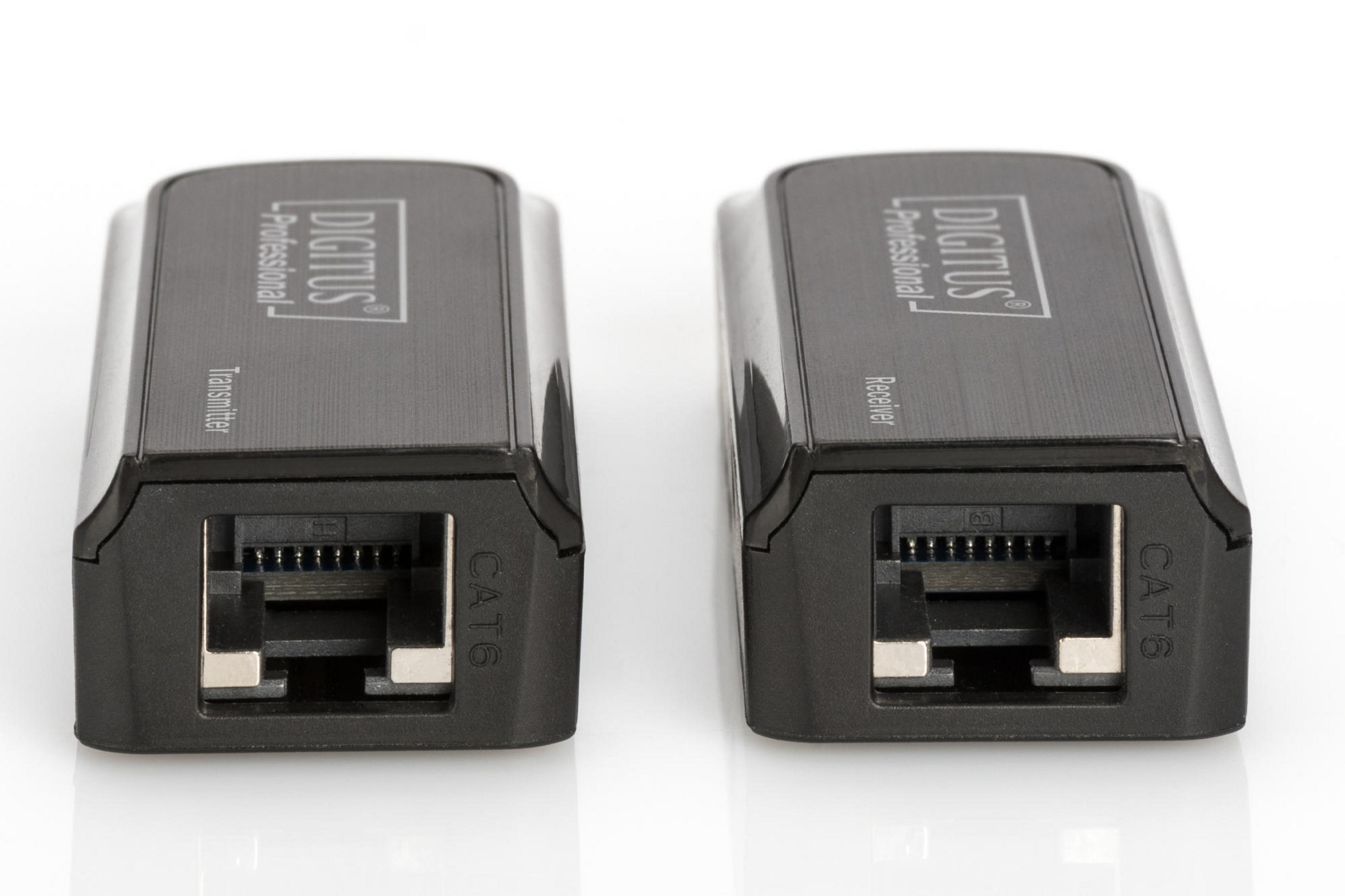Zwei schwarze DIGITUS CAT6 Adapter mit RJ45-Anschluss, einer beschriftet mit 'Transmitter', der andere mit 'Receiver'.