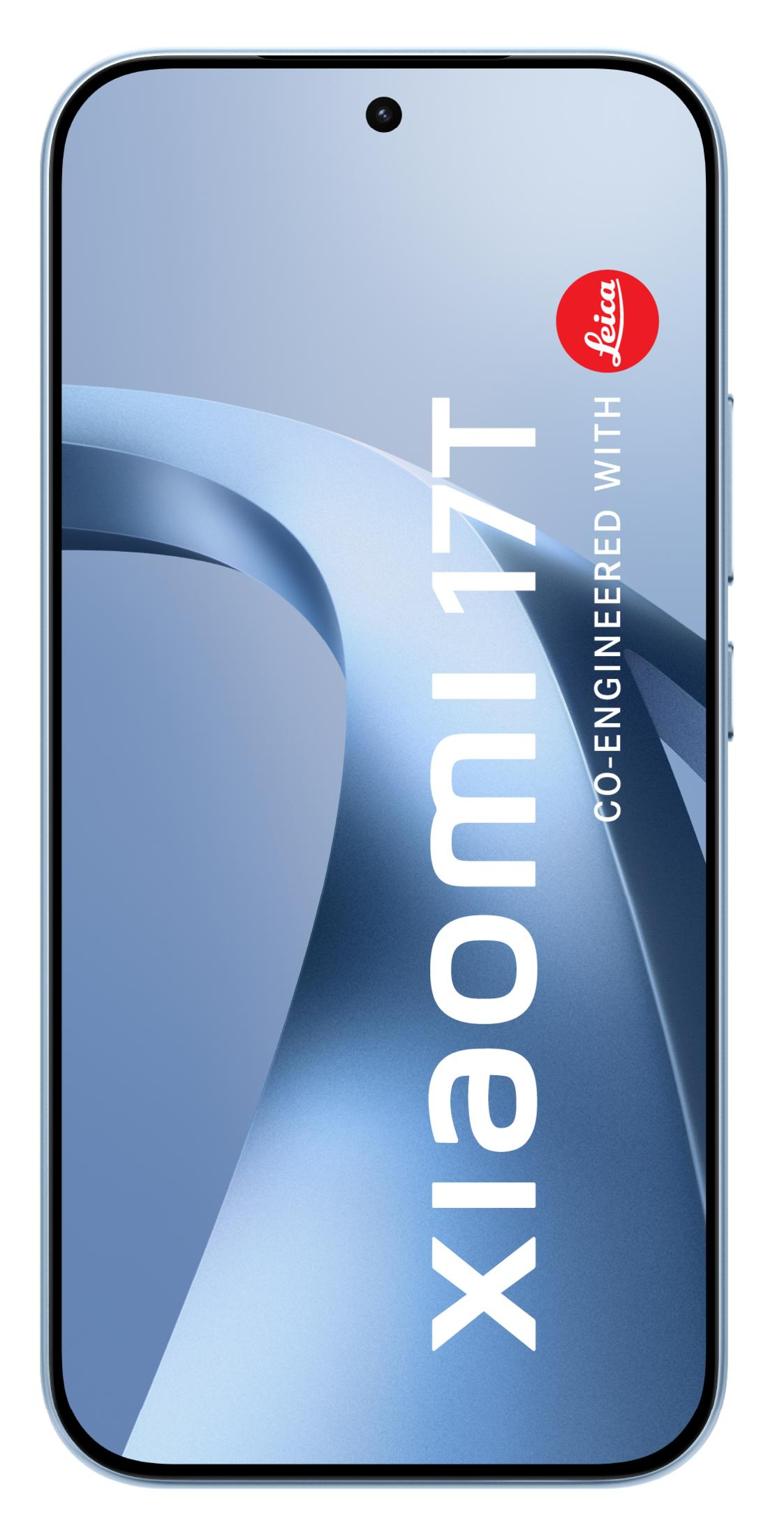 Ein Smartphone mit Xiaomi 17T und Leica Logo auf blauem Hintergrund.