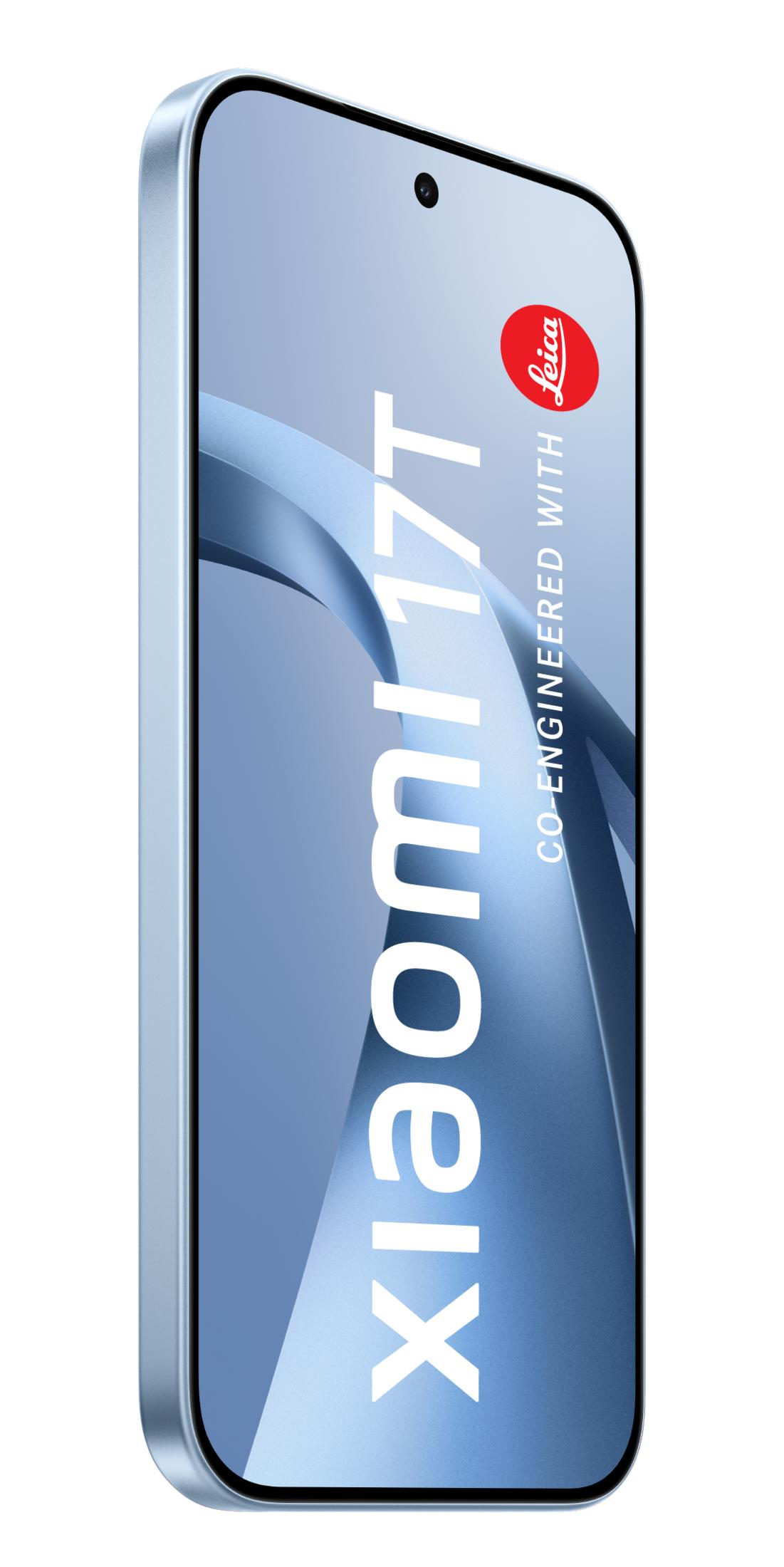 Ein blaues Xiaomi 17T Smartphone mit Leica Logo auf blauem Hintergrund.