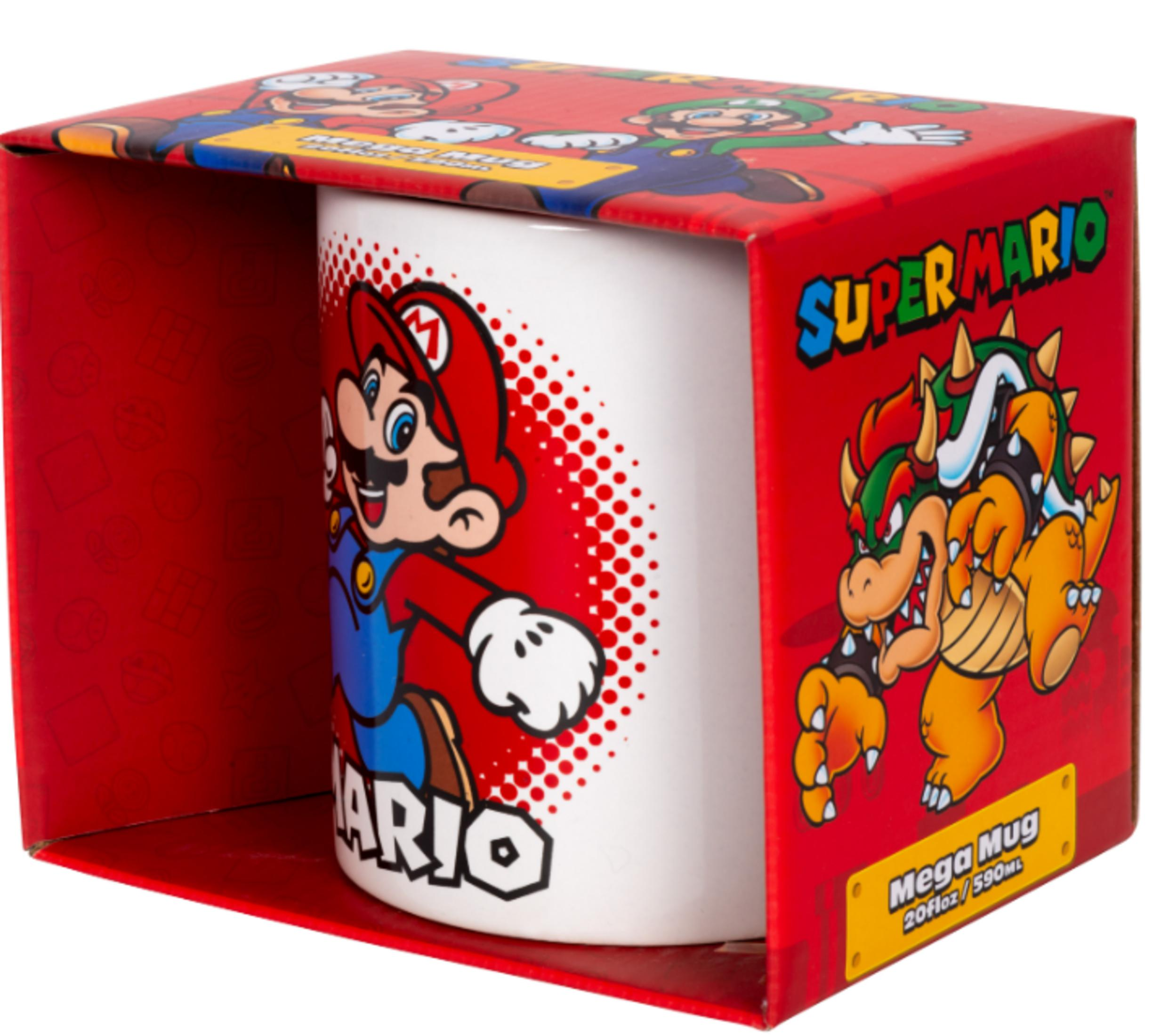 Eine Super Mario Tasse in roter Verpackung mit Mario und Bowser.