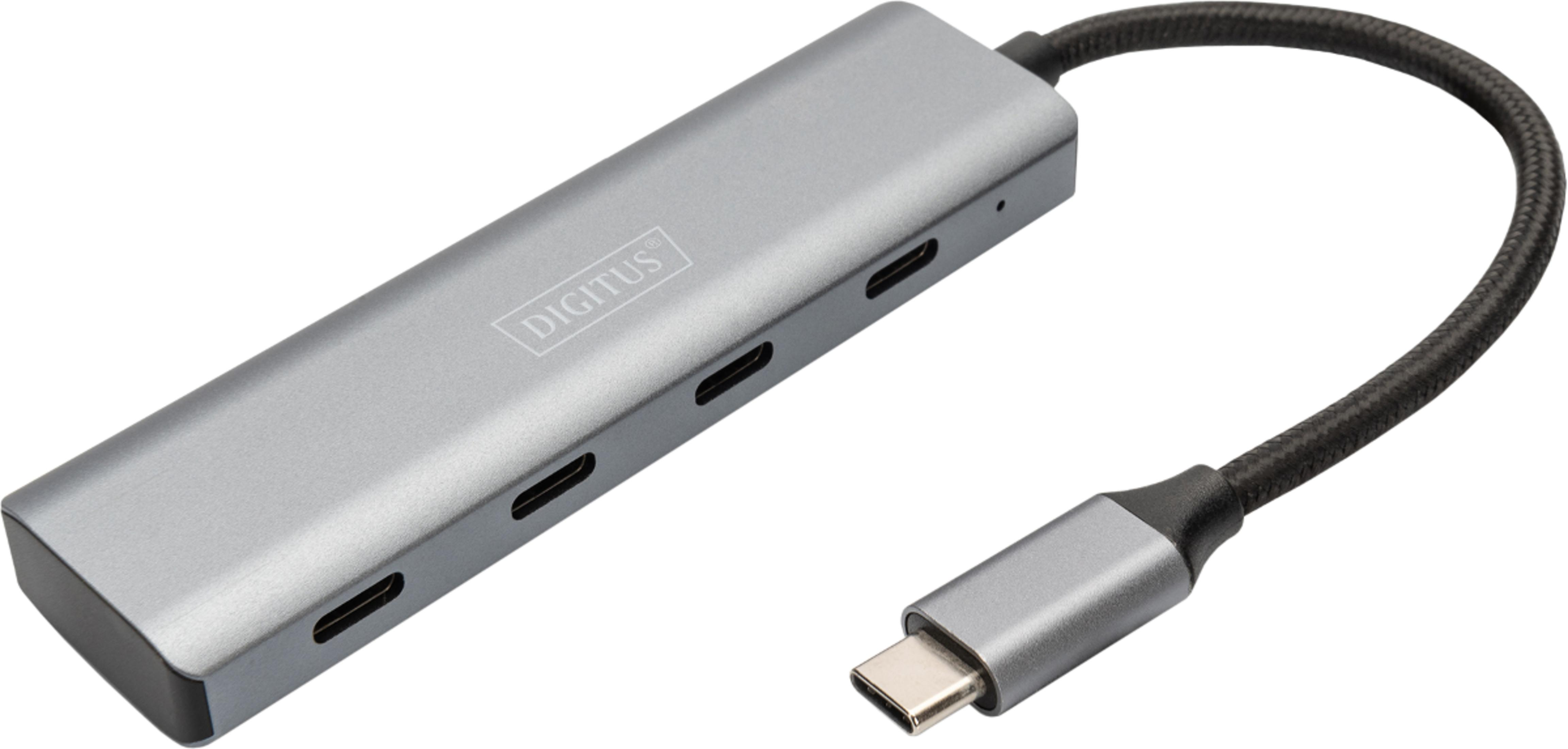 Un hub USB-C grigio con più porte e un cavo nero.