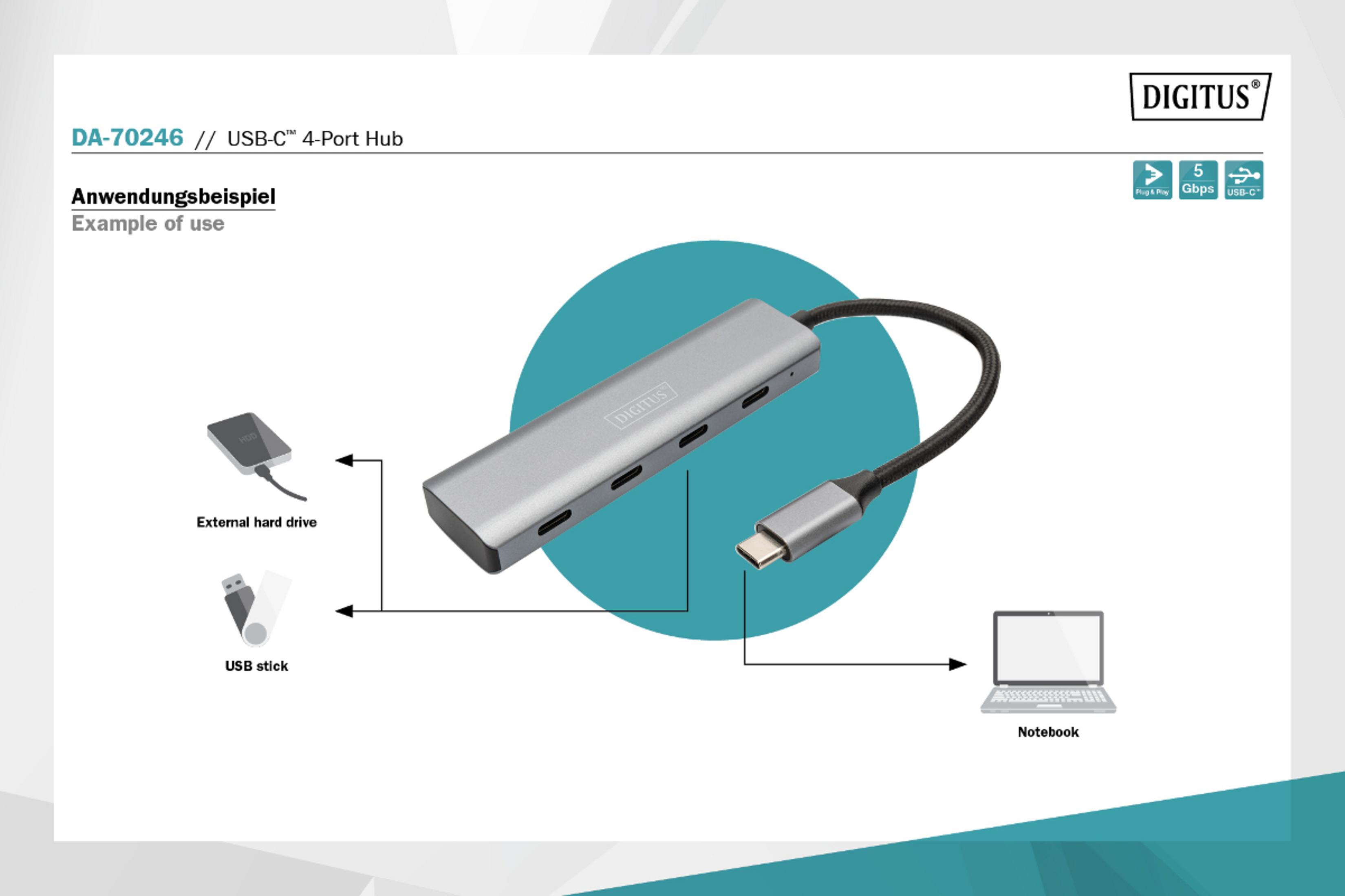 Un hub USB-C argento a 4 porte con cavo, disco rigido esterno, chiavetta USB e notebook.