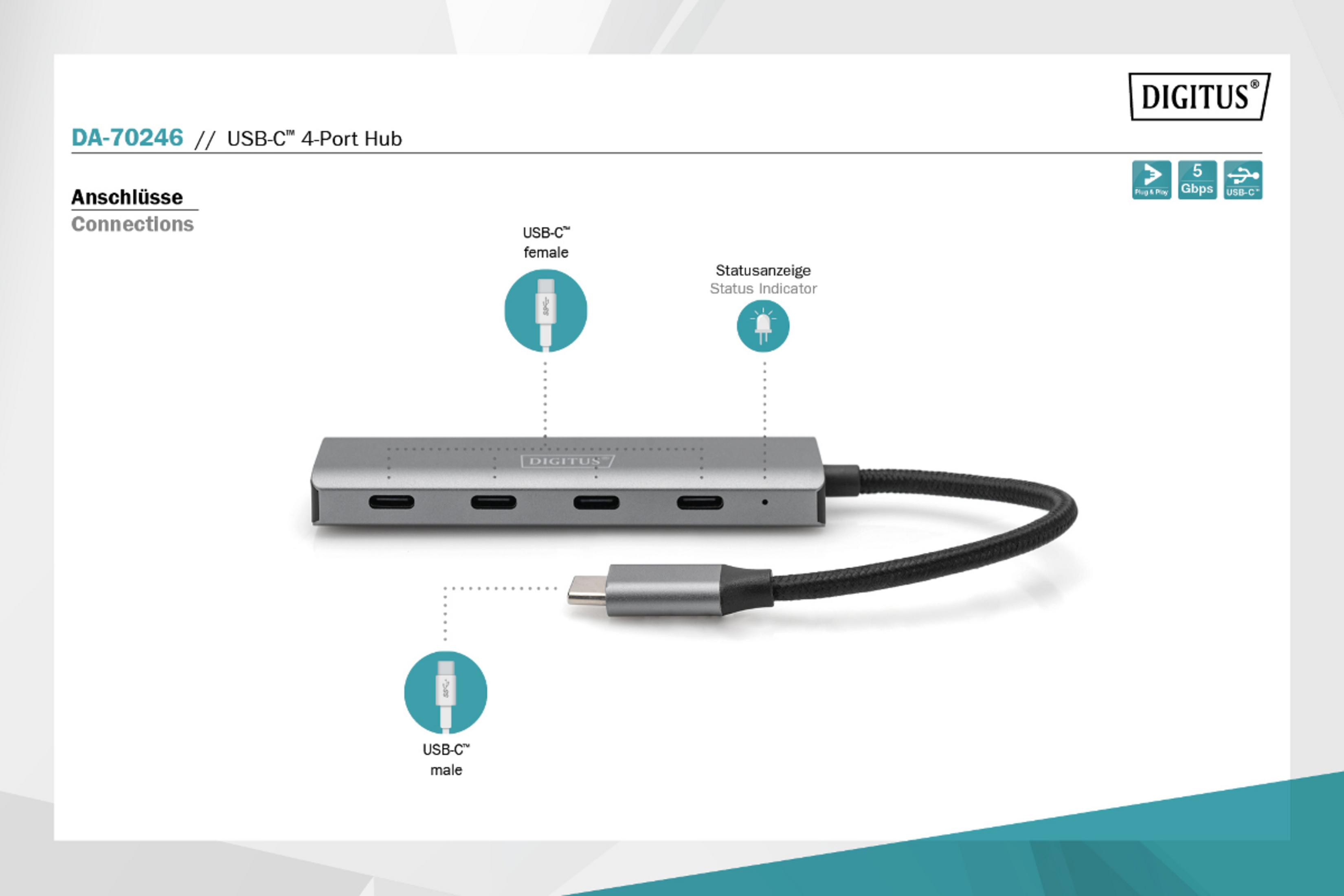 Hub USB-C argentato a 4 porte con connettori maschio e femmina e indicatore.