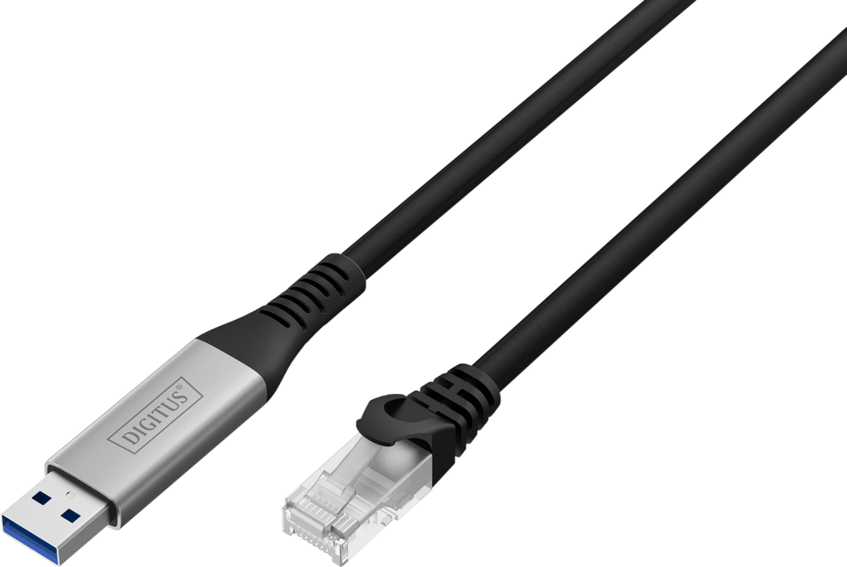 Un cavo USB nero con connettore argentato e connettore RJ45.