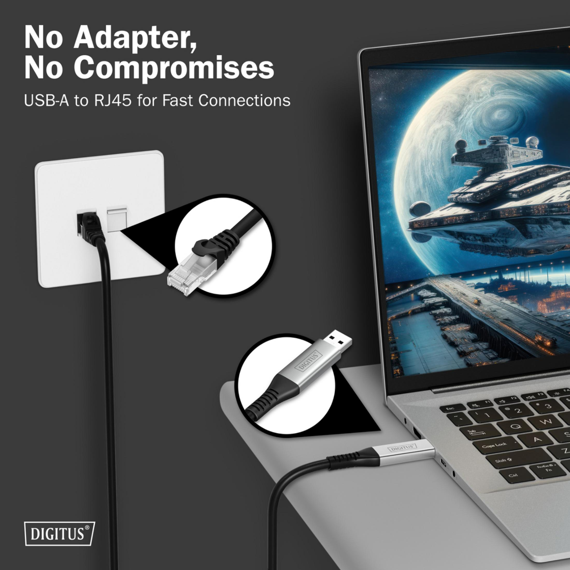 Laptop con adattatore USB-A a RJ45 collegato. Scena spaziale sullo schermo.