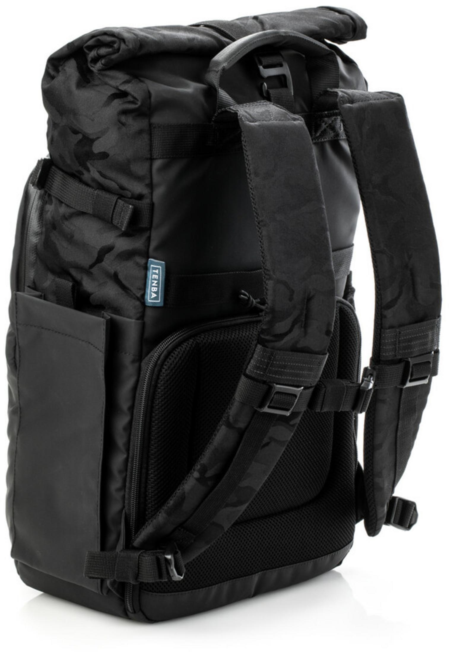 Black backpack with camouflage pattern and padded straps. Side pocket visible.