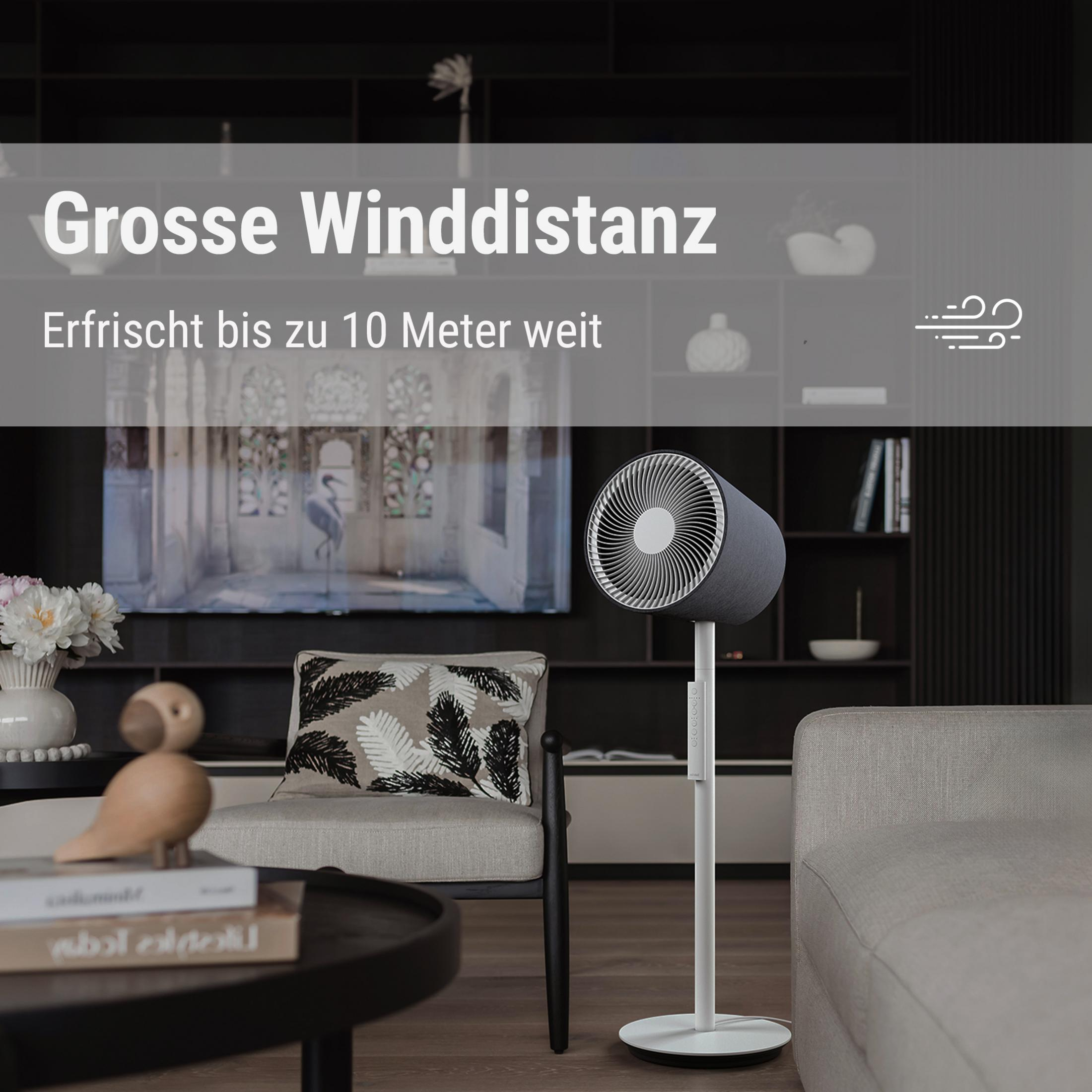 A modern standing fan in a stylish living room.