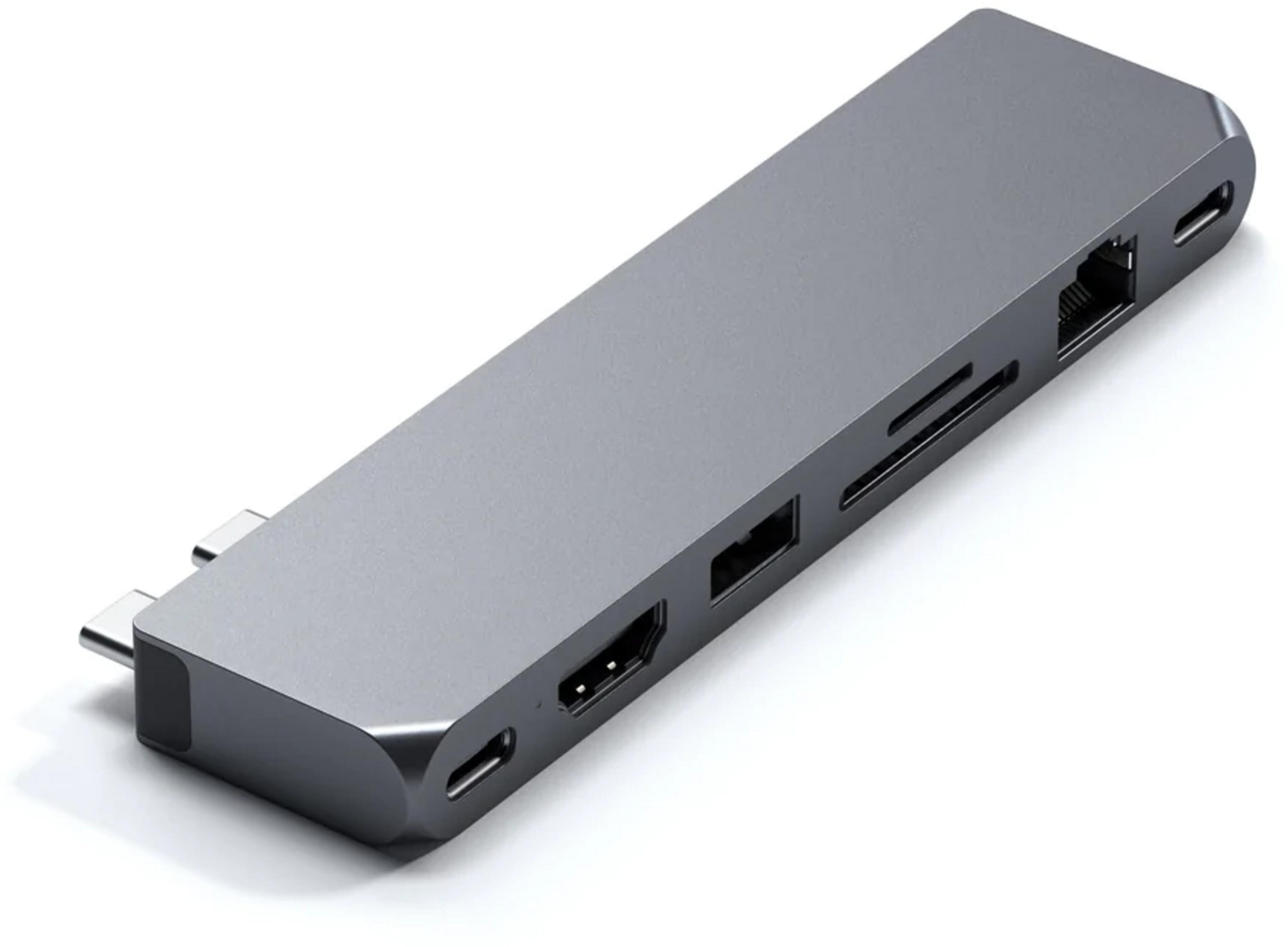 Grauer USB-C-Hub mit Anschlüssen: HDMI, USB-A, SD, Ethernet, zwei USB-C.