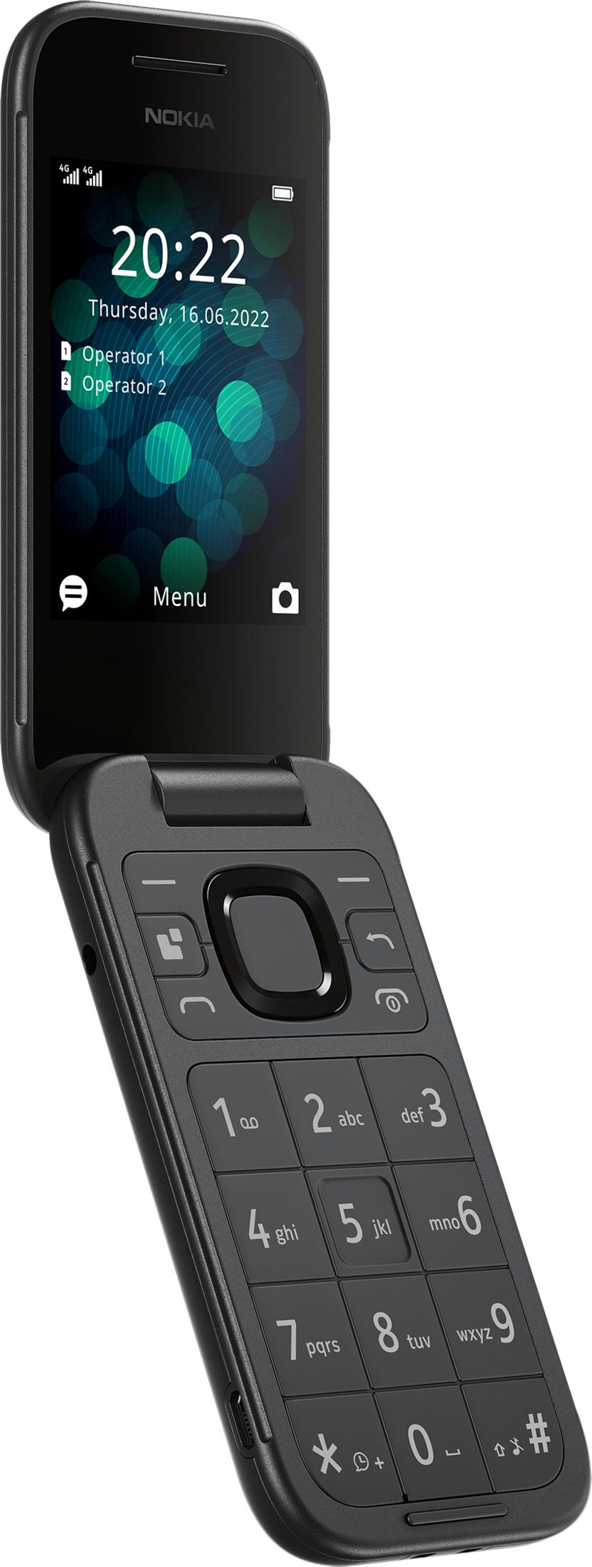 Un teléfono plegable Nokia negro está abierto, mostrando la hora 20:22 y la fecha.