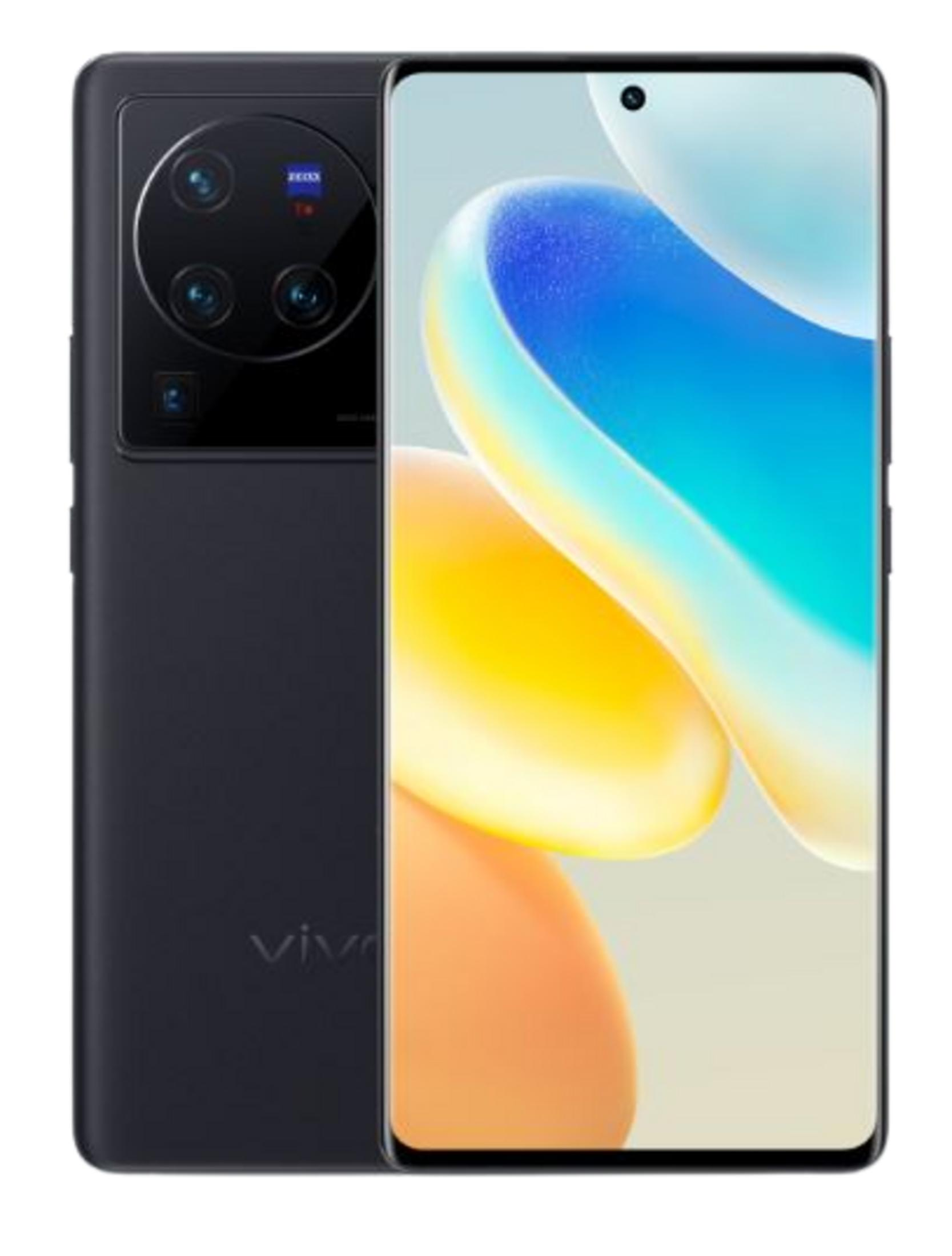 Dunkles Smartphone mit Kamera und Vivo-Logo, Vorderseite mit bunter Grafik.