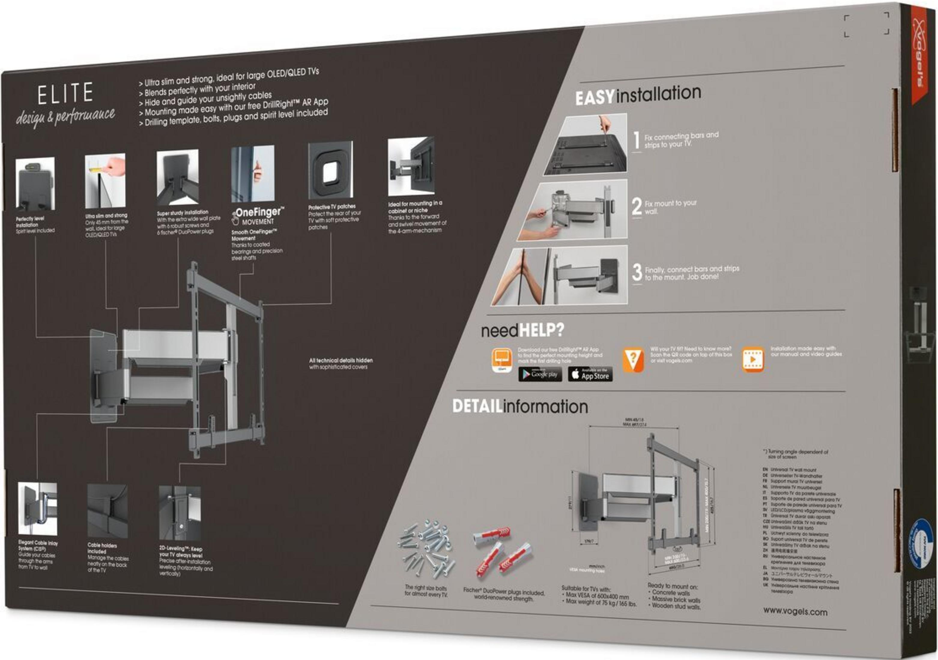 Verpackung eines Vogel's ELITE TV-Wandhalterungsmodells mit Installationsanleitung.