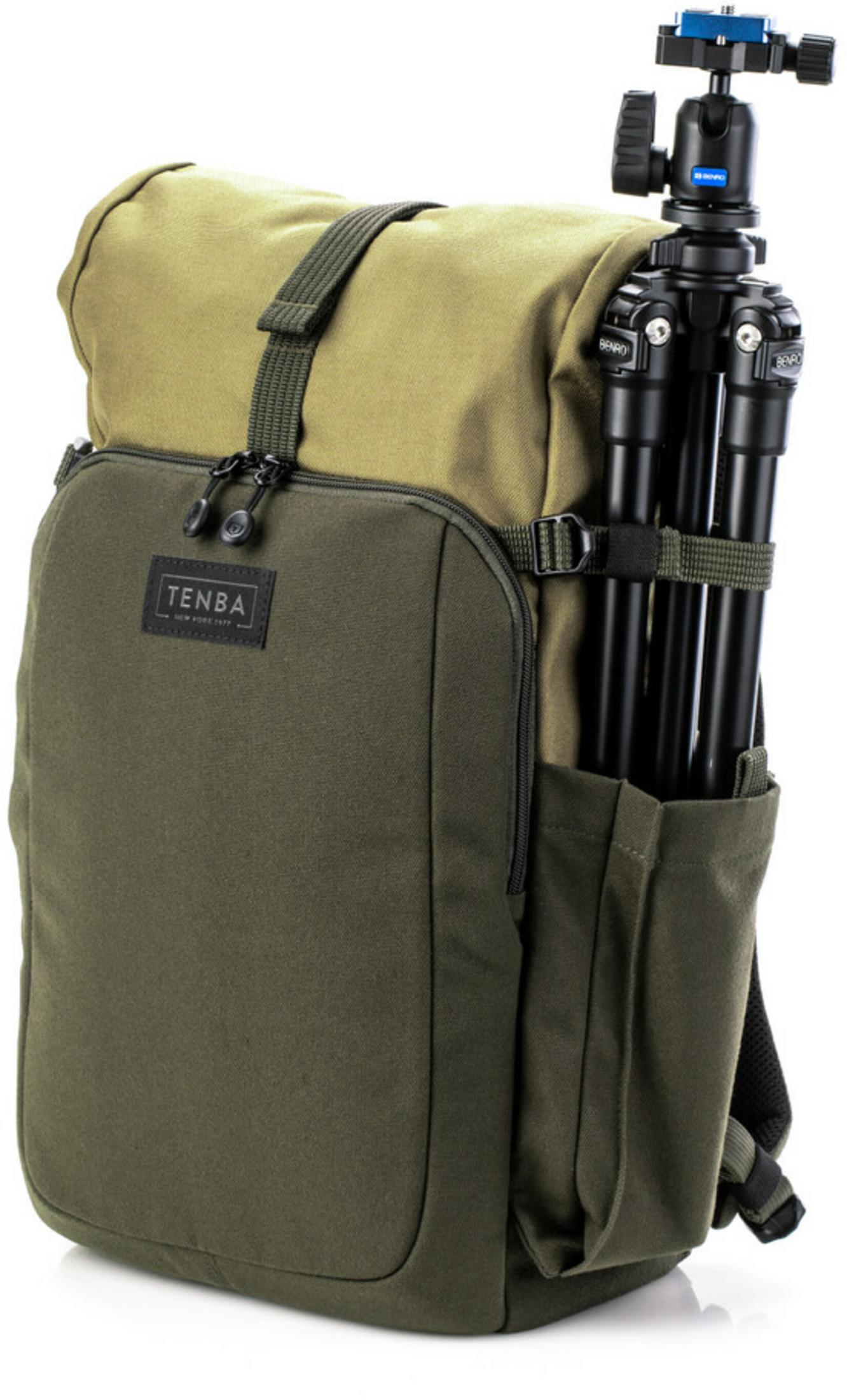 Green Tenba backpack with a tripod to its side.