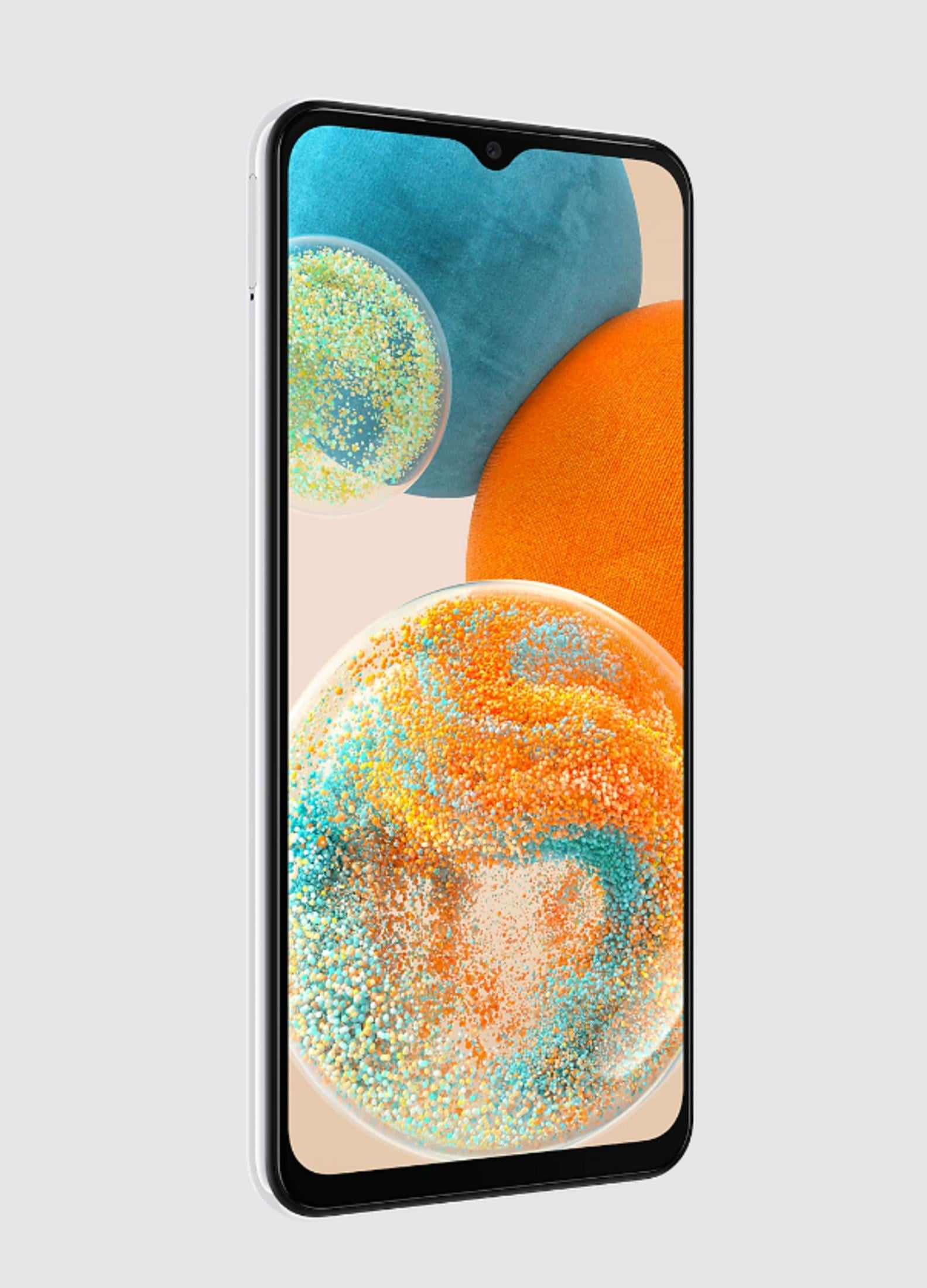 Ein weißes Smartphone mit einem tropfenförmigen Ausschnitt und bunten Kreisen auf dem Bildschirm.