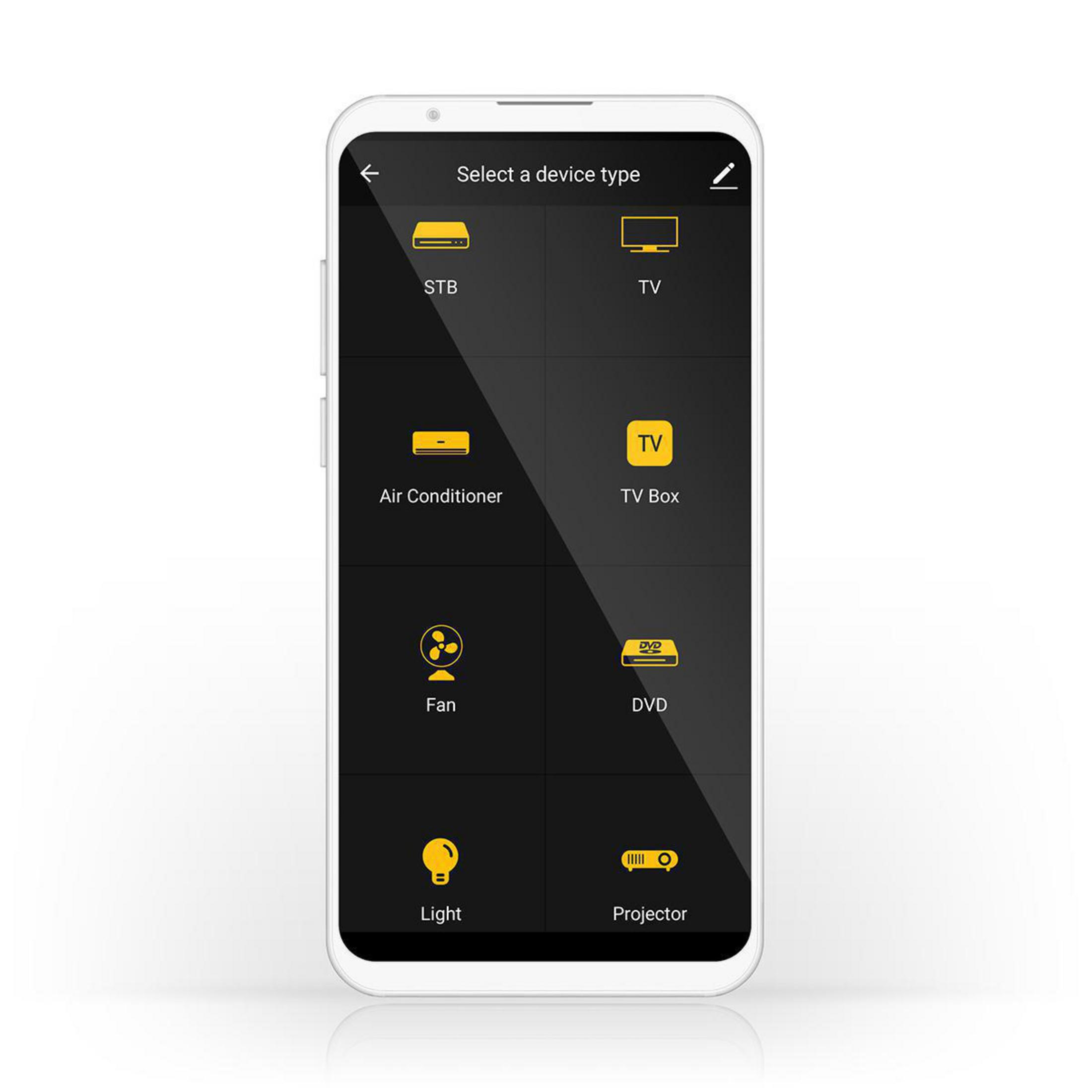 Lo smartphone mostra la selezione del dispositivo: STB, TV, Condizionatore, TV Box, Ventilatore, DVD, Luce, Proiettore.