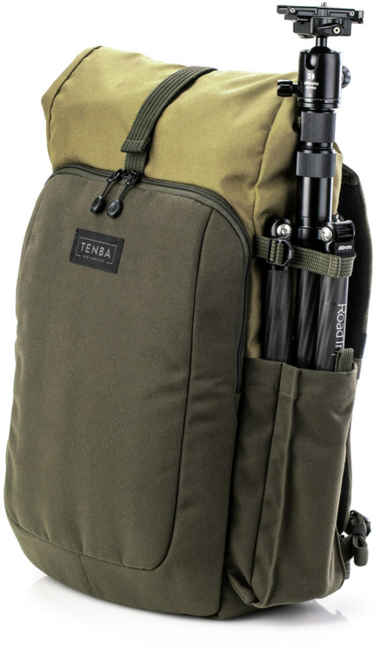 Green backpack with tripod pocket and black tripod.
