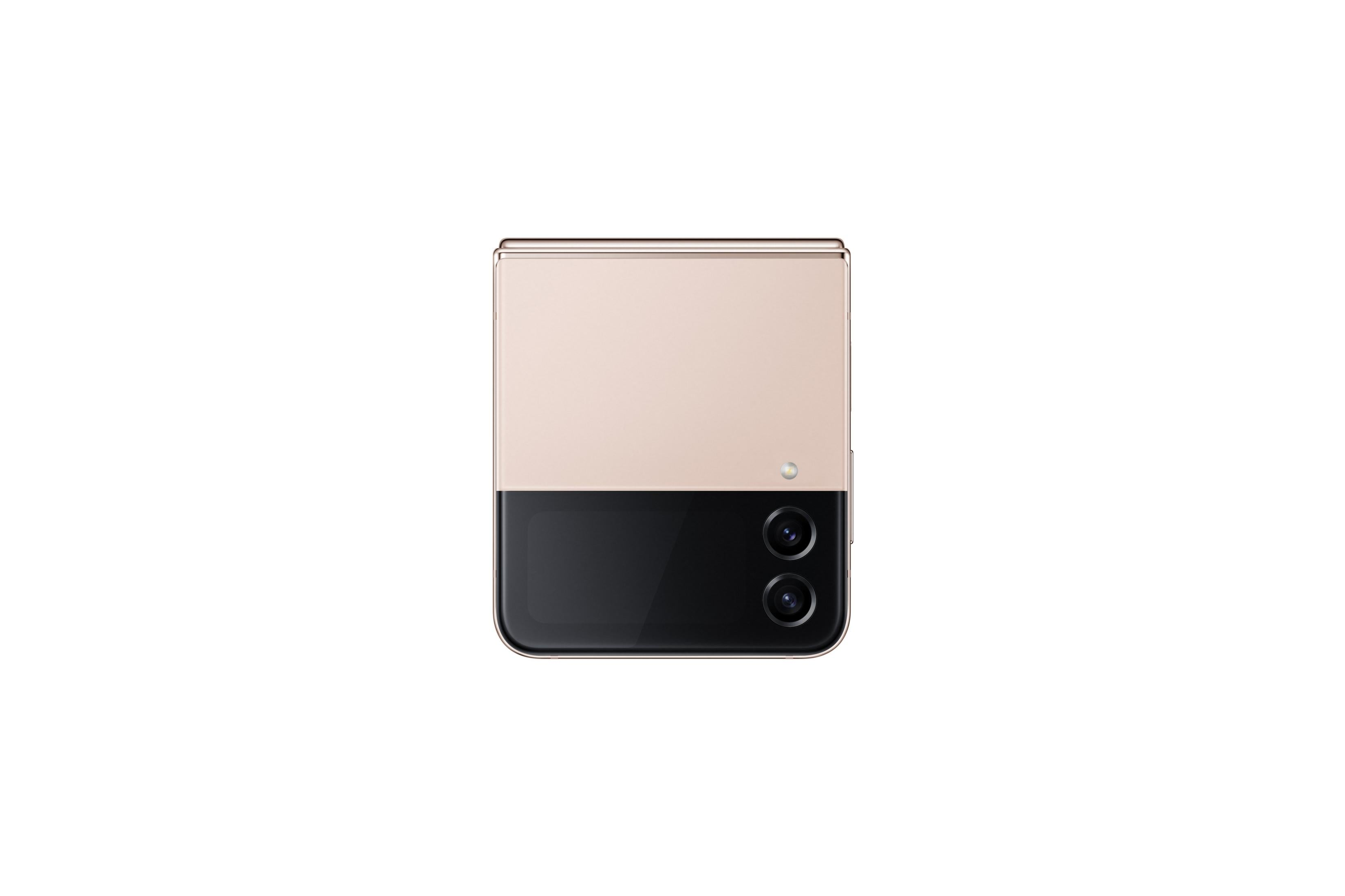 Ein geschlossenes faltbares Smartphone in Roségold und Schwarz mit zwei Kameras.